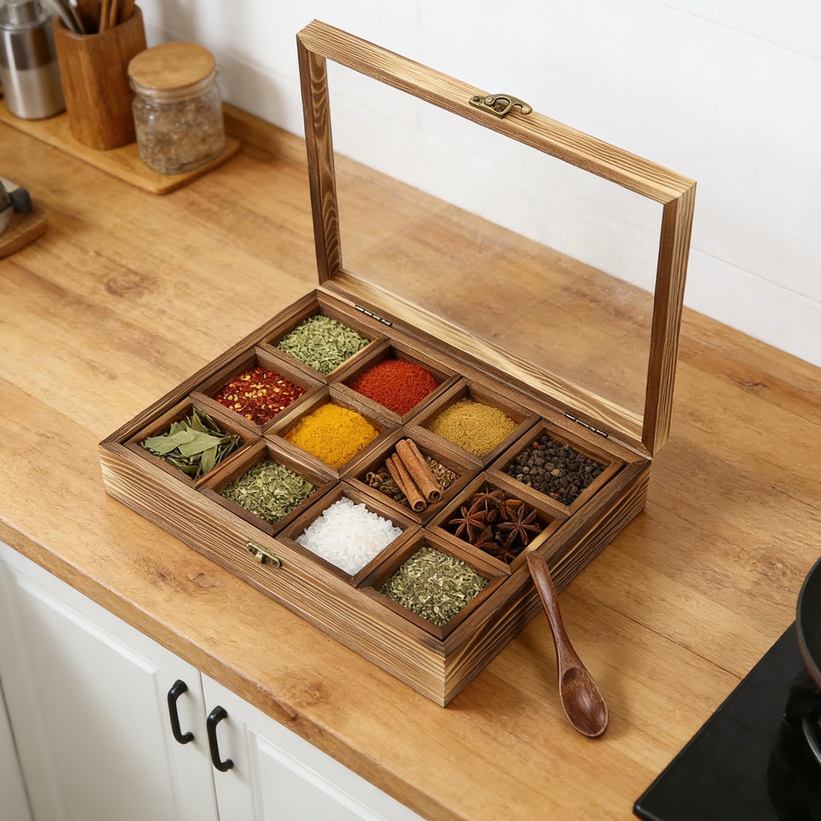 Boîte à épices en bois avec 12 récipients et cuillère pour cuisine