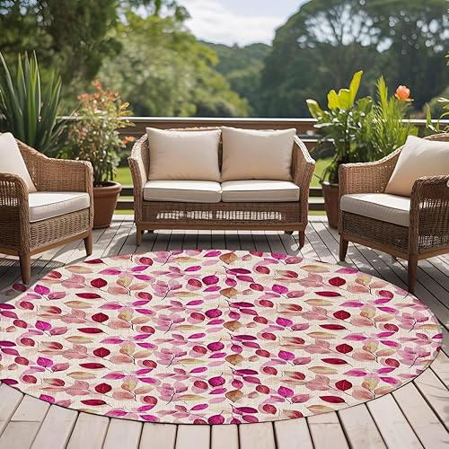 Miniatura 4 de Round Rugs 5ft, Red Pink Leaves Non-Slip Area Rugs for Living Room Bedroom Entryway, Botanical Abstract Color Retro Plants Washable Carpet Runner