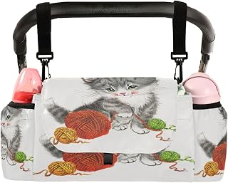 CUPADA Naughty Cute Kitten Universal Stroller Organizer with 2 Cup Holders, Watercolor Stroller Organizer Bag and Removable Shoulder Strap Fits Most Baby and Pet Strollers