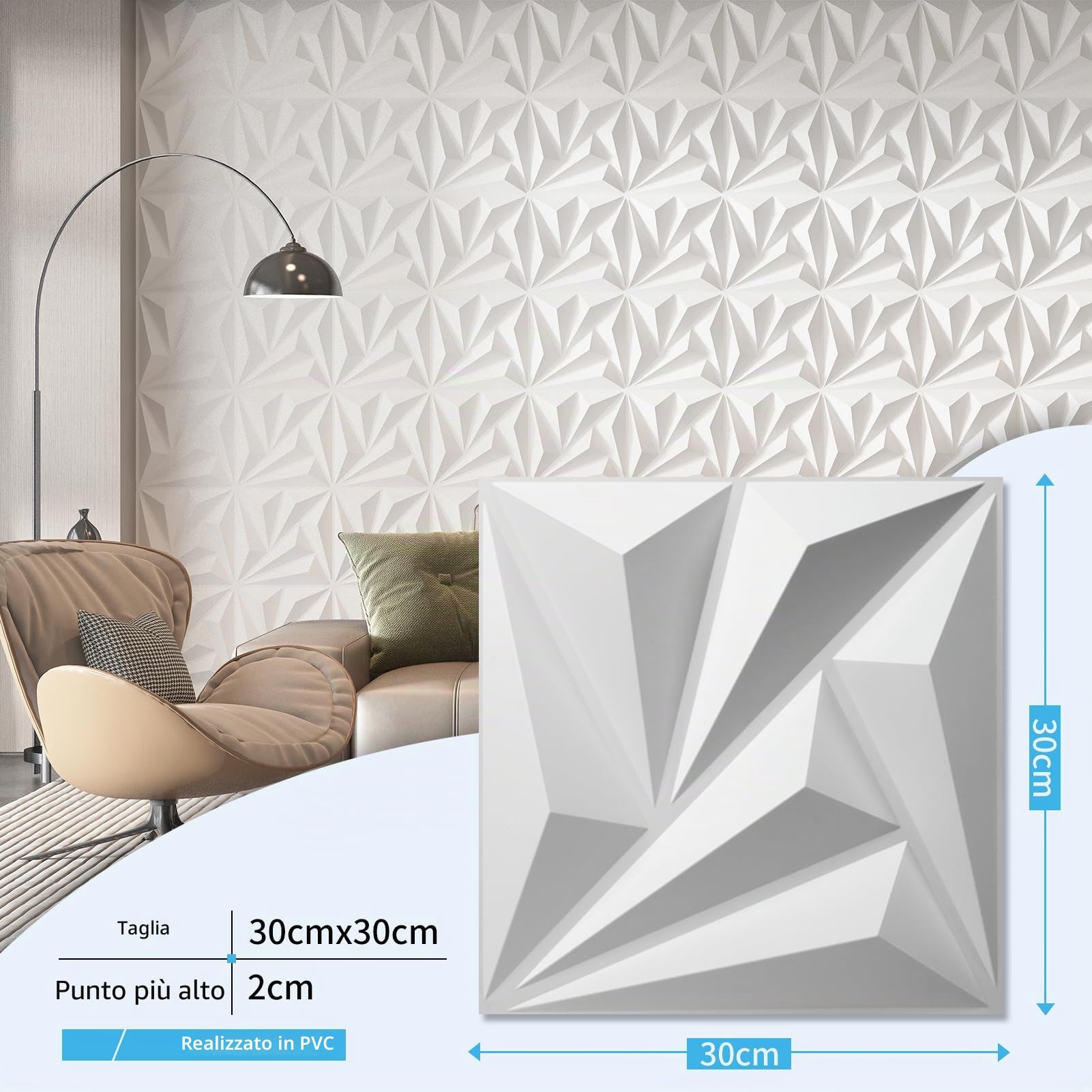 Art3d Confezione da 20 pannelli decorativi da parete 3D bianchi, 30 x 30 cm, 1,8 m² in PVC, decorazione da parete interna
