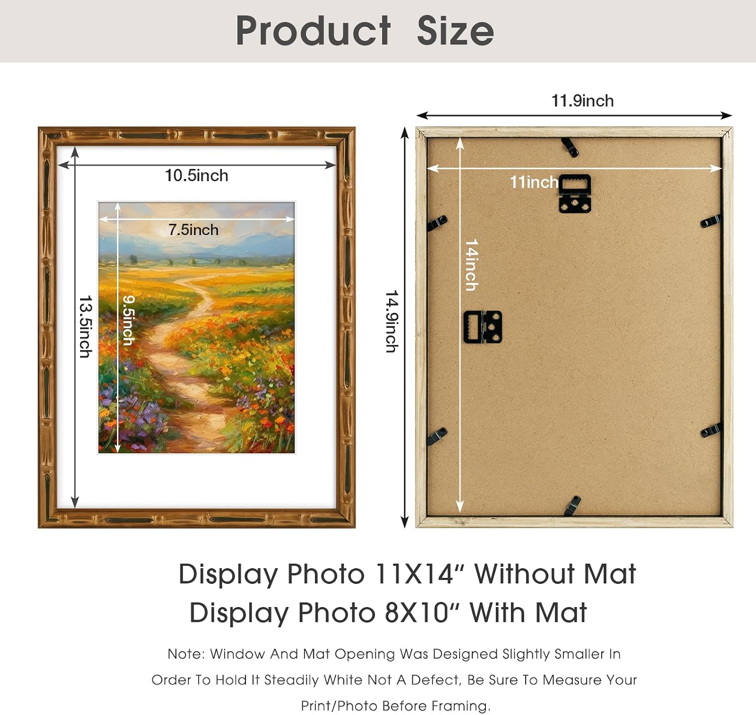Golden State Art, 11x14 Picture Frame Bronze - Solid Wood with Vintage Bamboo Design - 14x11 Matted to 8x10 Photo - Real Glass - Wall Decor Display