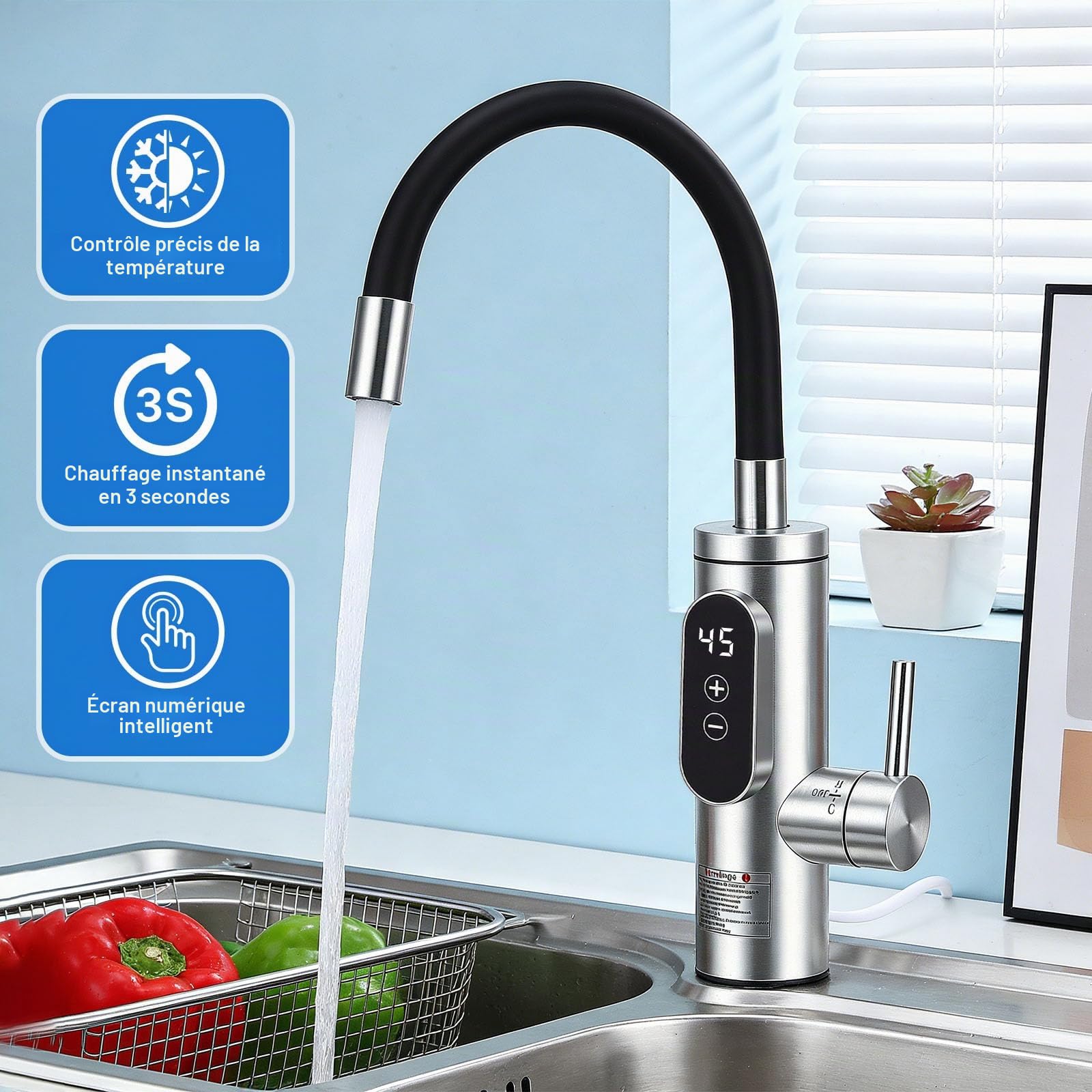 Robinet Chauffant Électrique Сhauffe-Eau,3300W Cuisine Robinet Chauffant, Acier Inoxydable Mitigeur électrique avec LED Température, rotation à 360°, 3S chauffe rapide,Chaude et Froide Réglable