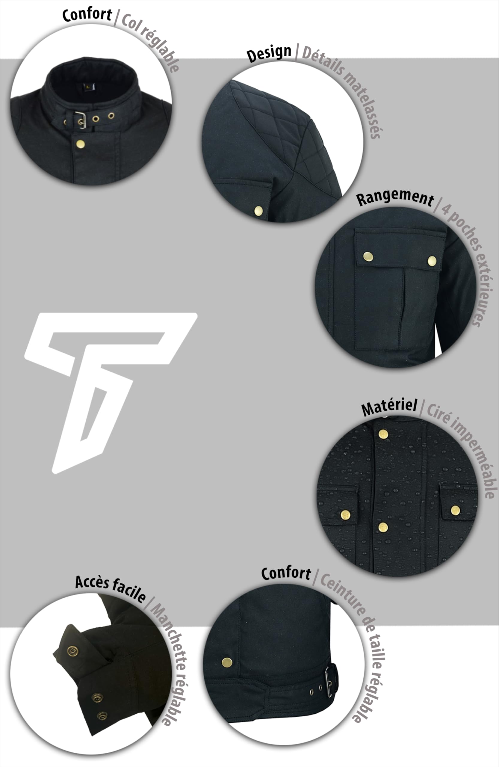 Texpeed Cirée imperméable veste homme homologué avec protection - Hiver court blouson motard avec armure CE (EN 1621-1) Noir - XXL | EN 17092 Vêtement de moto renforcé EN 1621-1 [niveau 1] Armure de motard flexible, doublure thermique d'hiver amovible
