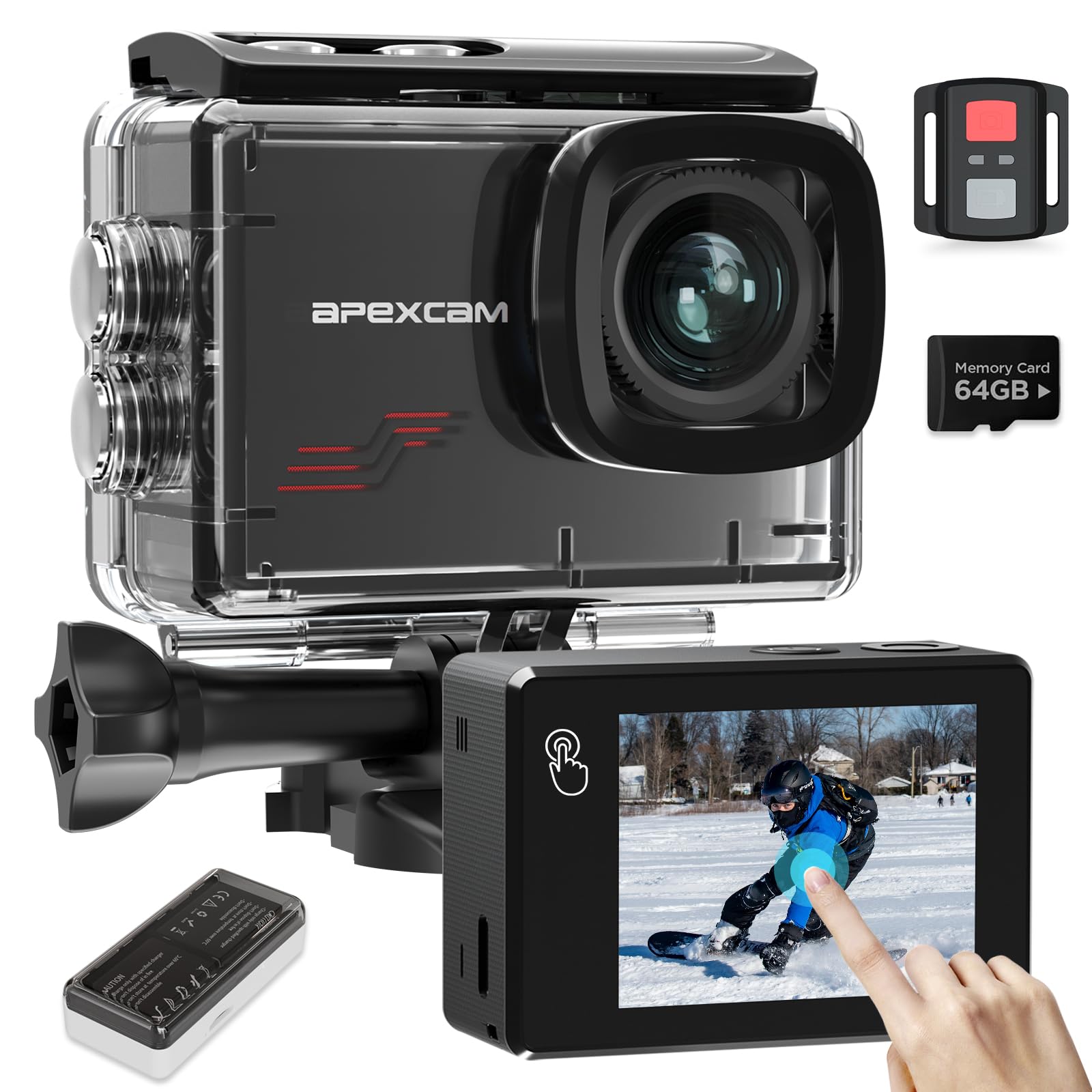 Apexcam M80pro mit 64G Karte Action Cam 4K60FPS 64MP WLAN Sportskamera Unterwasserkamera 40m Wasserdicht 8X Zoom 2.4G Fernbedienung 2x1350mAh Akkus mit Zubehör Halterungs-Set