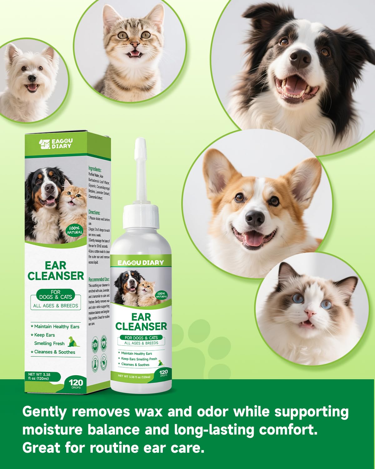 Eagou Diary Dog Ear Cleaner Solution - Cat Dog Ear Infection Treatment, Removes Debris, Wax, Odor, Itch Relief - Pet Ear Wash, Flush and Care with Aloe, Lavender, Chamomile, Ear Drops for Dogs Cats - image 7