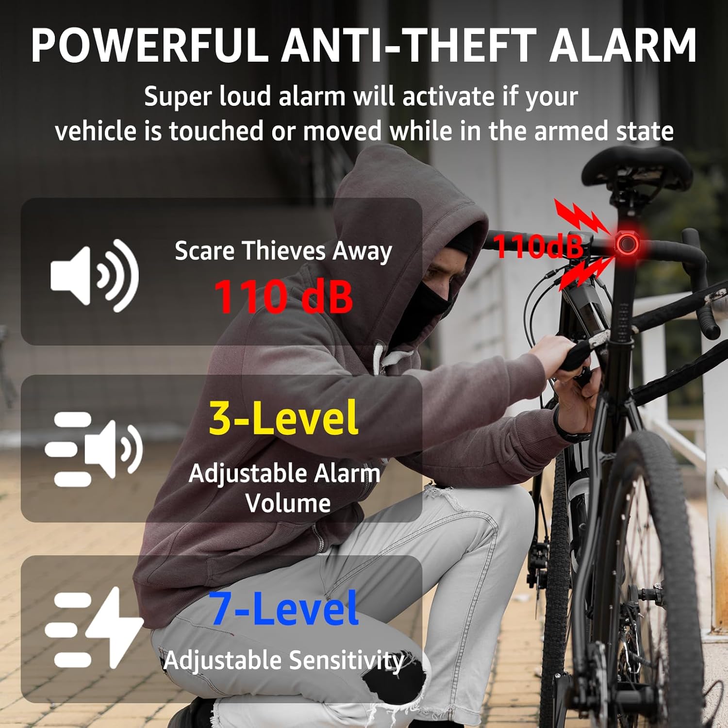 Illustration of the NineLeaf alarm's anti-theft features, including a 110dB loud alarm, 3-level adjustable alarm volume, and 7-level adjustable sensitivity.