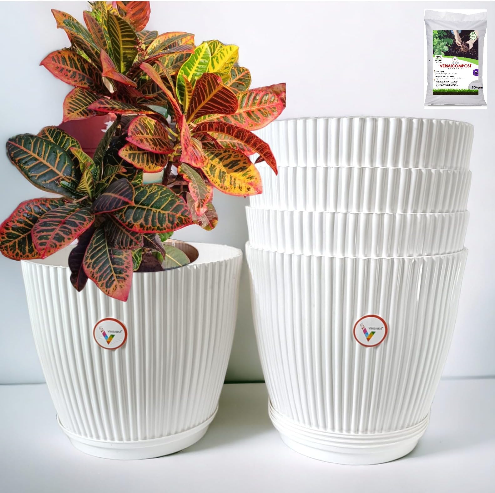 VINSHRA 11 Inch White Flower Pot with 8 Bottom Tray (500 grm Organic Vermicomposting Free) Set of 5 / Indoor & Outdoor Use Pot/Plant Container/Planters Round for Terrace/Solid/Uv Treated (B097978688) Amazon Price History, Amazon Price Tracker