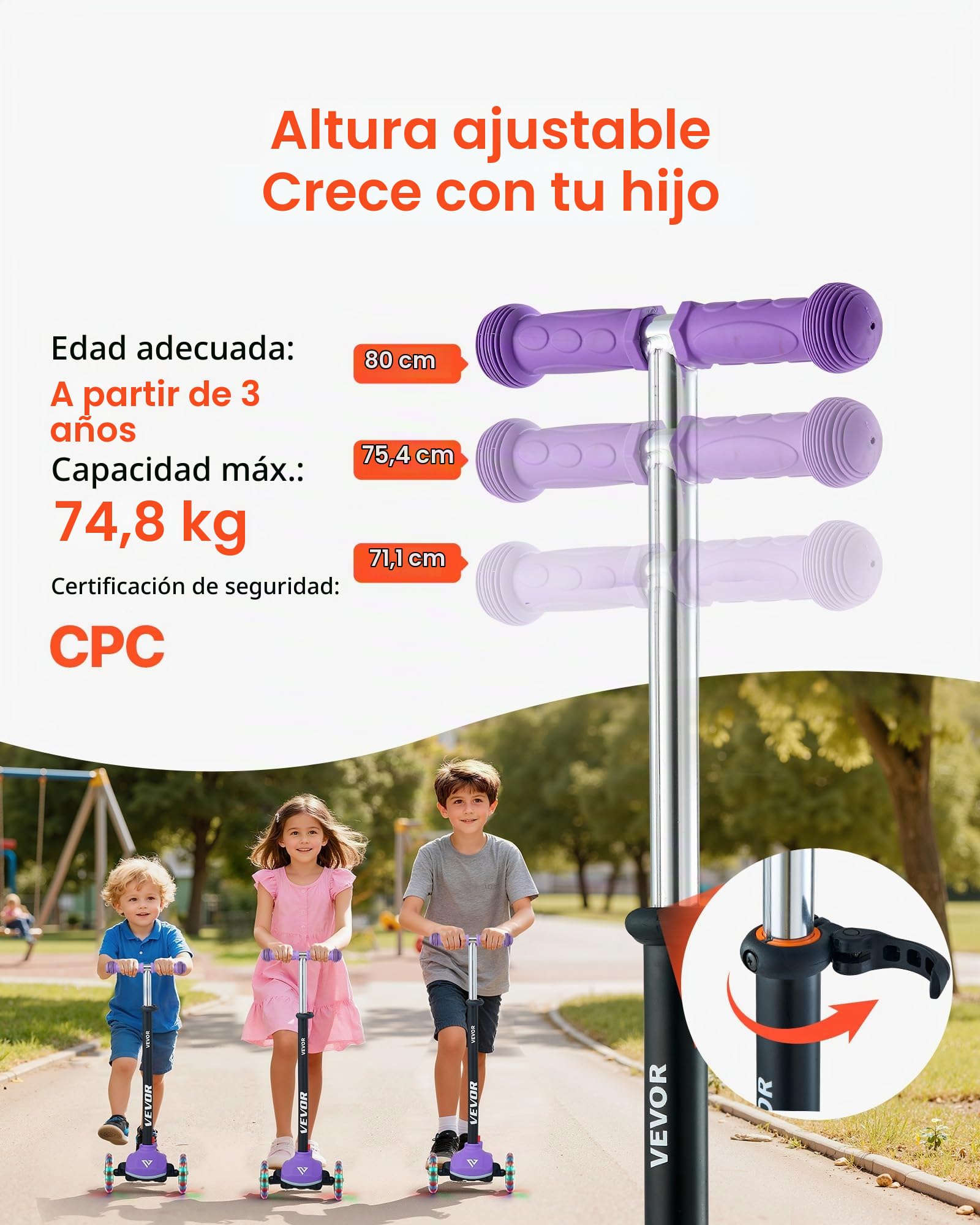 VEVOR Patinete 3 Ruedas, para Niños de 3 Años en Adelante, Ruedas Iluminadas, Manillar de Altura Ajustable, Base Antideslizante y Cuadro de Aluminio Ligero, hasta 75 kg, Morado, 520 x 250 x 800 mm