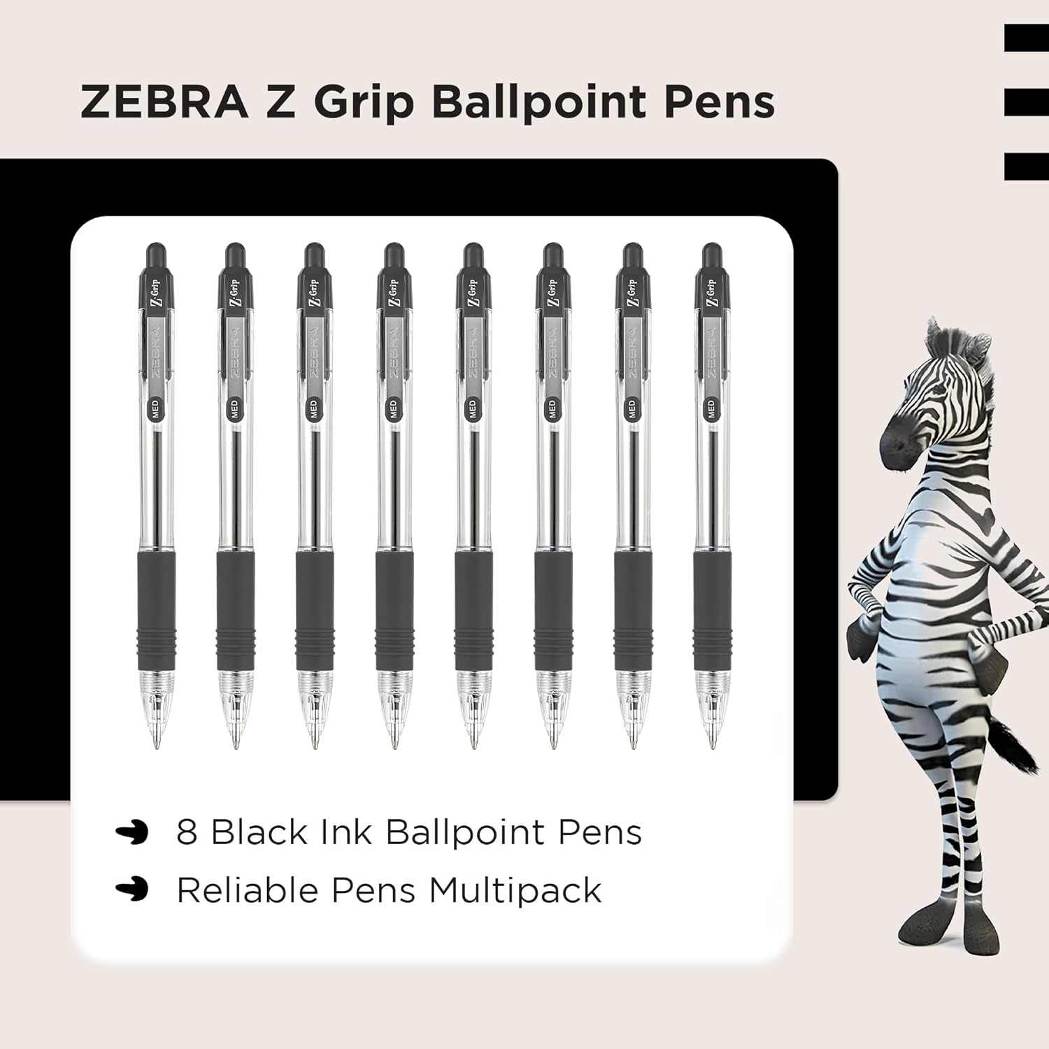 Zebra Pen Z Grip Black Ballpoint Pens with Pocket Clip 8pk, Retractable Black Ink Ballpoint Pens, Reliable Black Biro Pens Multipack for Everyday Use Design, New Pack Size 8pk — image 2