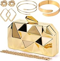 Jadive 5-Pc Gold Clutch Purse Set for Women: Evening Prom Bag, Earrings & Arm Cuffs - Wedding Party Jewelry Essential