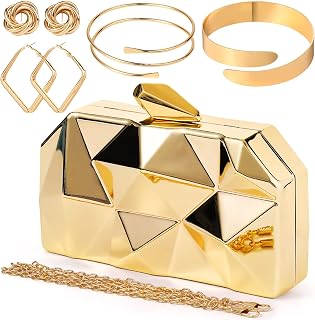 Jadive 5-Pc Gold Clutch Purse Set for Women: Evening Prom Bag, Earrings & Arm Cuffs - Wedding Party Jewelry Essential