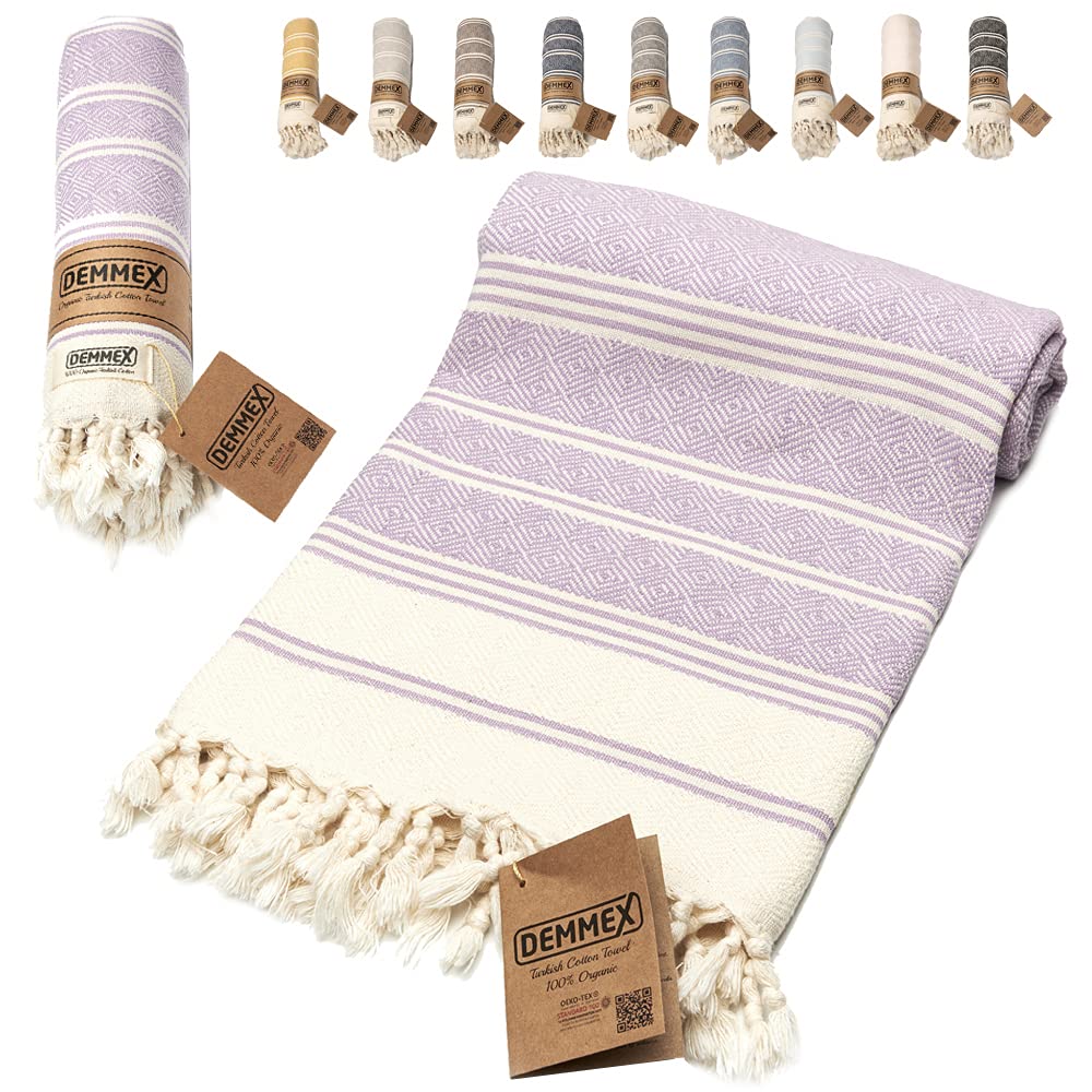 DEMMEX Organic Turkish Cotton Beach Bath Hammam Towel – Quick-Dry, Lightweight, Compact, Sand-Free Beach Towel & Blanket – Luxury Bathroom & Hammam Towel, OEKO-TEX Certified, 180x90cm, Lavender