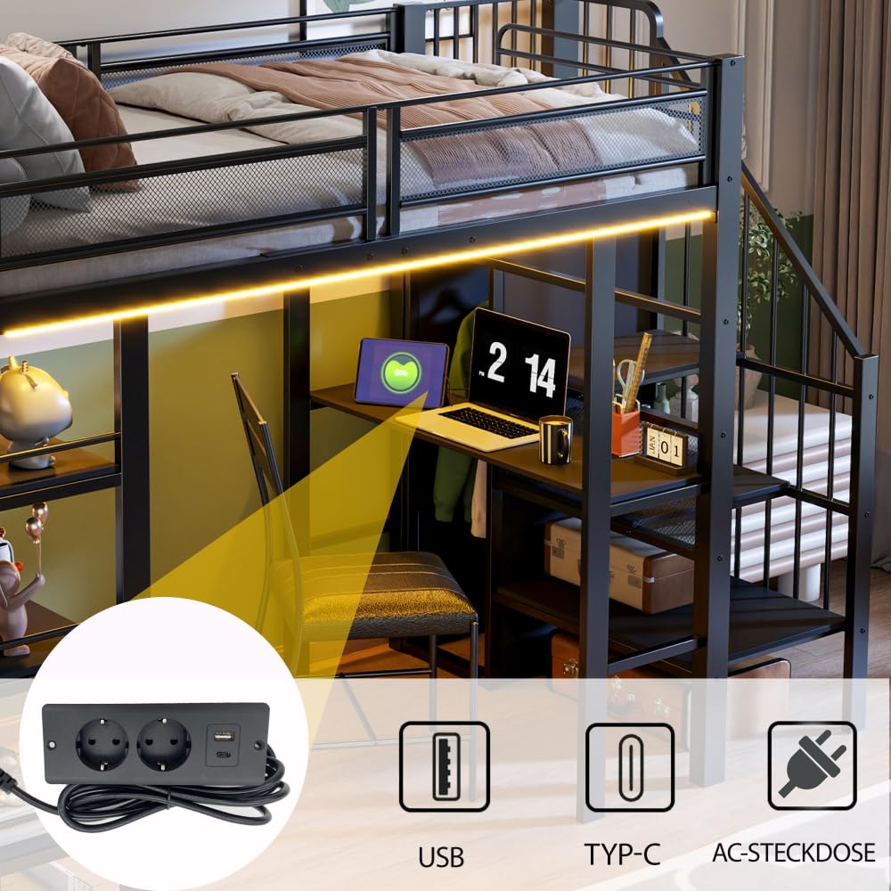 Cama alta de 90 x 200 cm con tira luminosa LED y toma de corriente, cama de hierro forjado con compartimento de almacenamiento y librería, cama individual de metal multifuncional, sin colchón