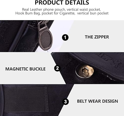 Miniatura 9 de VALICLUD Bolsa de cuero para hombre, 2 bolsillos verticales de cuero, cinturón de teléfono, bolsa vertical para teléfono, Negro -, Moda