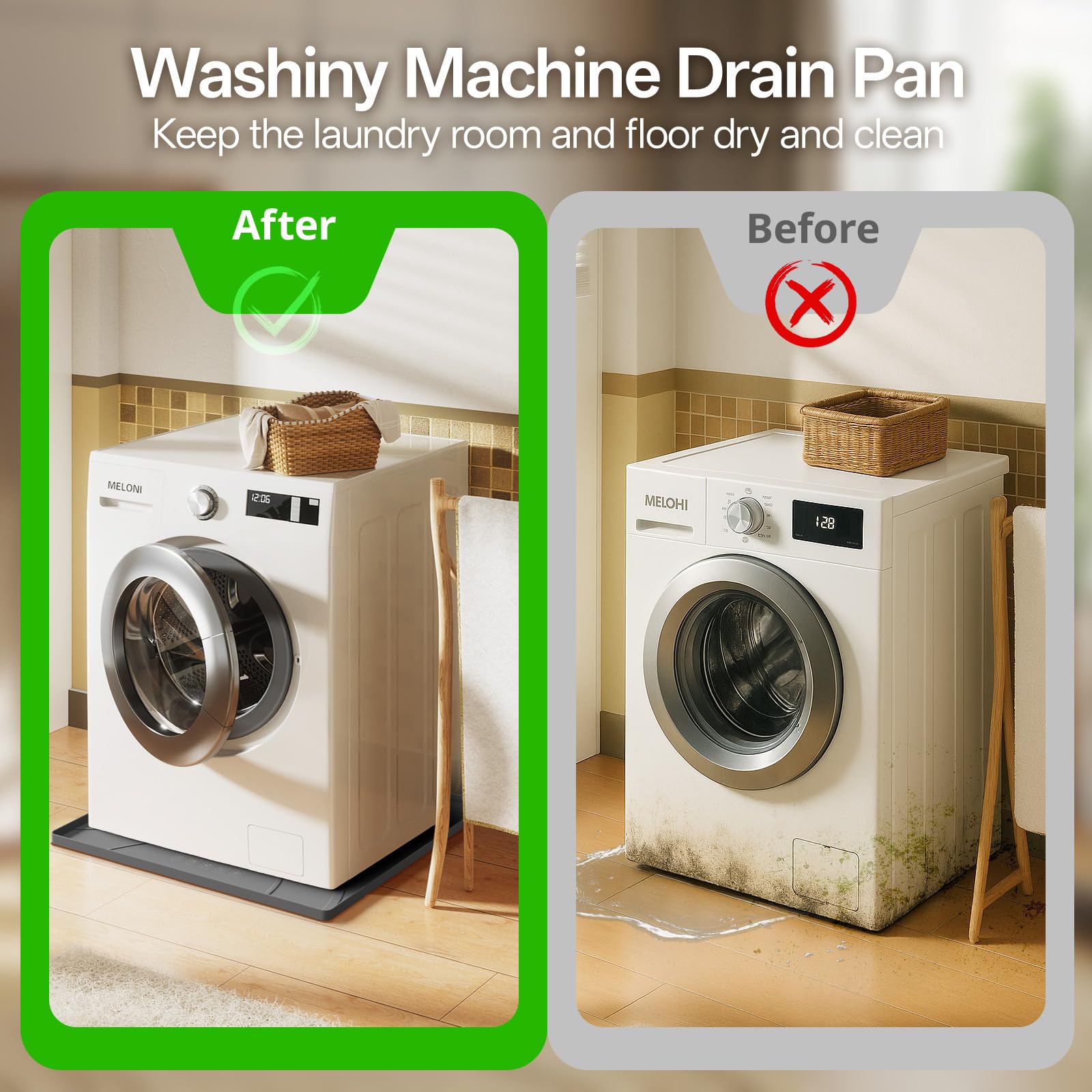 Waschmaschinen-Ablaufwanne, Silikonmatte, 66,5 x 66,5 cm, rutschfest, wasserdicht, Anti-Vibration, weiche Matte für unter Trockner oder Waschmaschine, Boden-Leckschutz für Waschküche