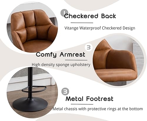Miniatura 5 de EALSON Moderno juego de 2 taburetes de bar giratorios de cuero con altura de mostrador con respaldo y brazos, sillas de bar ajustables con base de