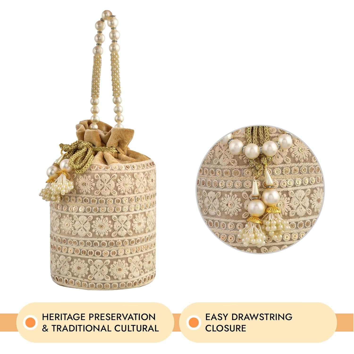 KRUM Bolso Potli de terciopelo para mujer, bordado de boda con asa de cuentas, cartera étnica para fiestas, festivales, baby shower y regalos