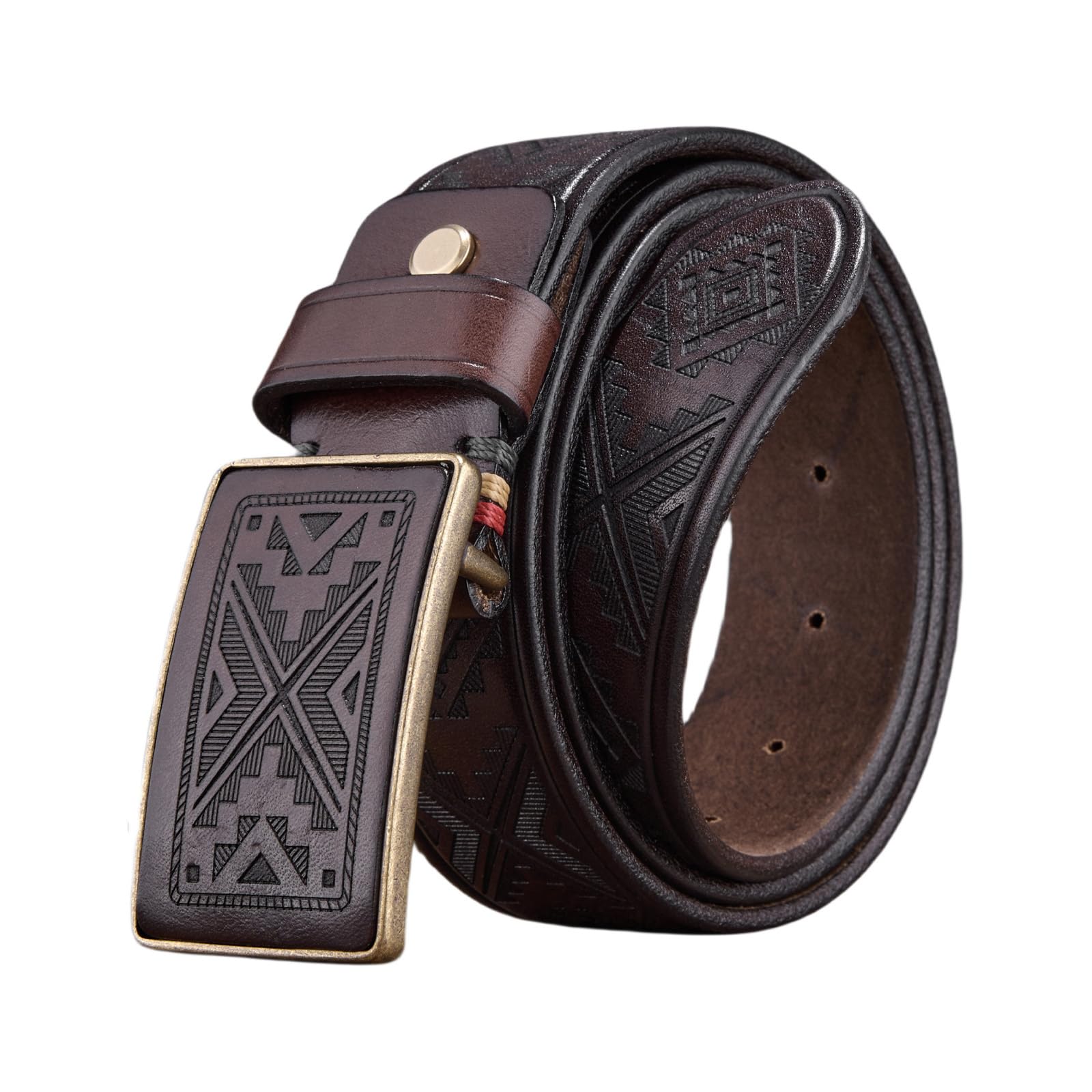 Cintura in Rilievo Fiore Western Fibbia a Scatto con Rettangolo Inciso Ottone Massiccio Retro Fatto a Mano Cinturino in Pelle Stile Country(120cm/47, Coffee)
