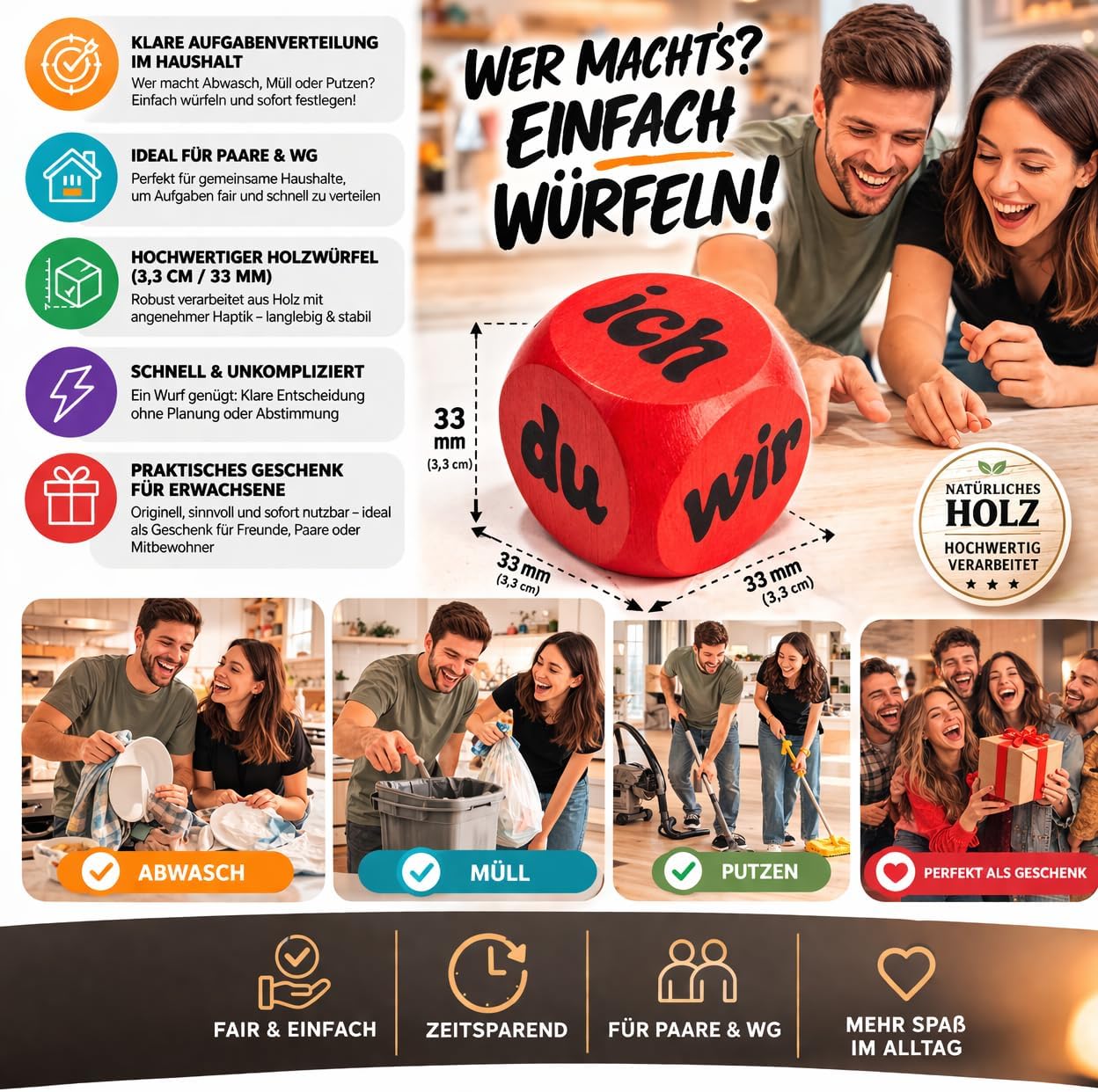 Household Wooden Task Cube (3.3 cm) - Who Makes What in the Household? Decision Cube for Couples & Flatshares | Kitchen Aid & Gift for Adults