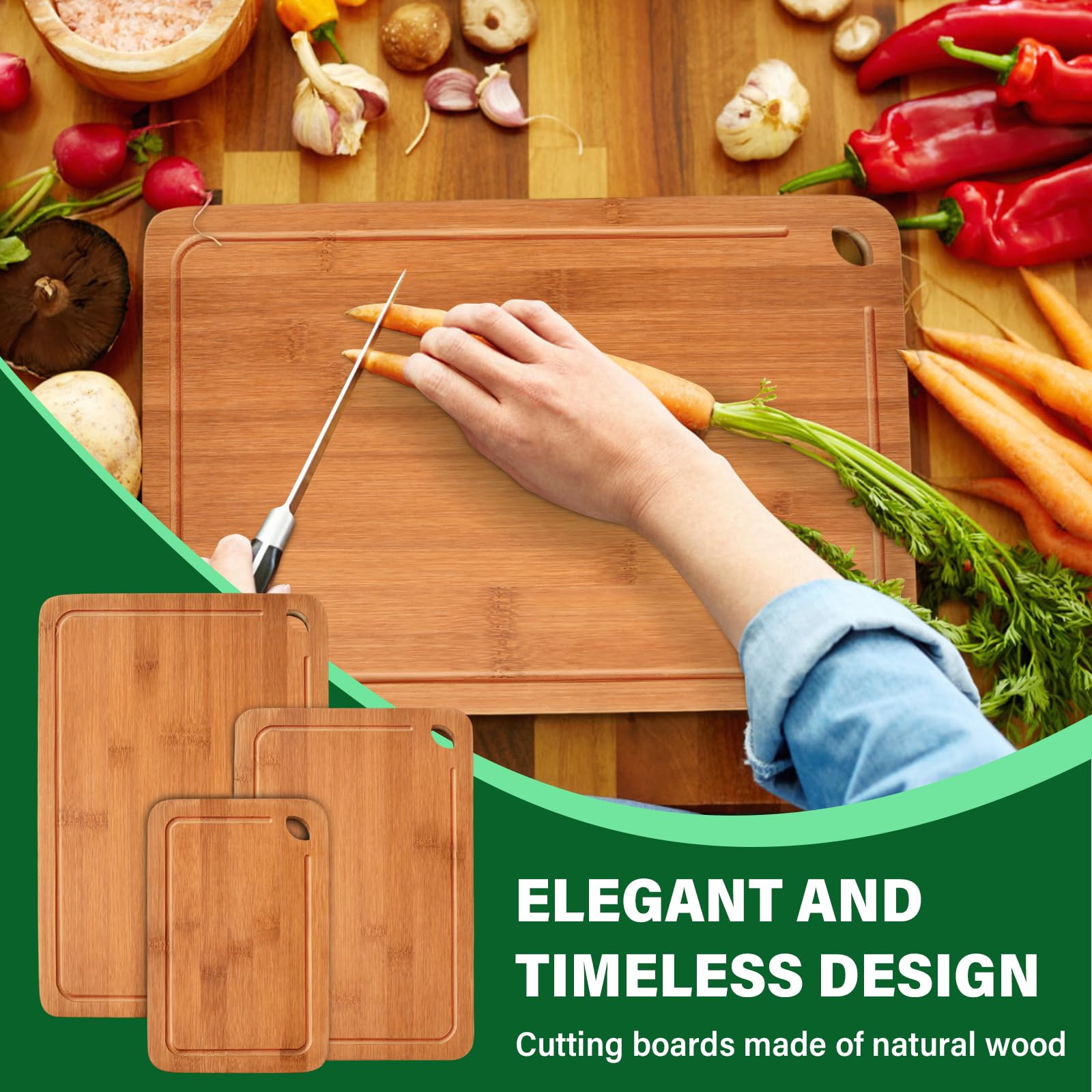 Tagliere Legno Set Taglieri Cucina in Bamboo Grande, Medio y Piccolo Tagliere da Cucina Professionale Antibatterico Taglieri Bambu Resistenti per Pane, Aperitivo, Carne e Verdure (Naturale)