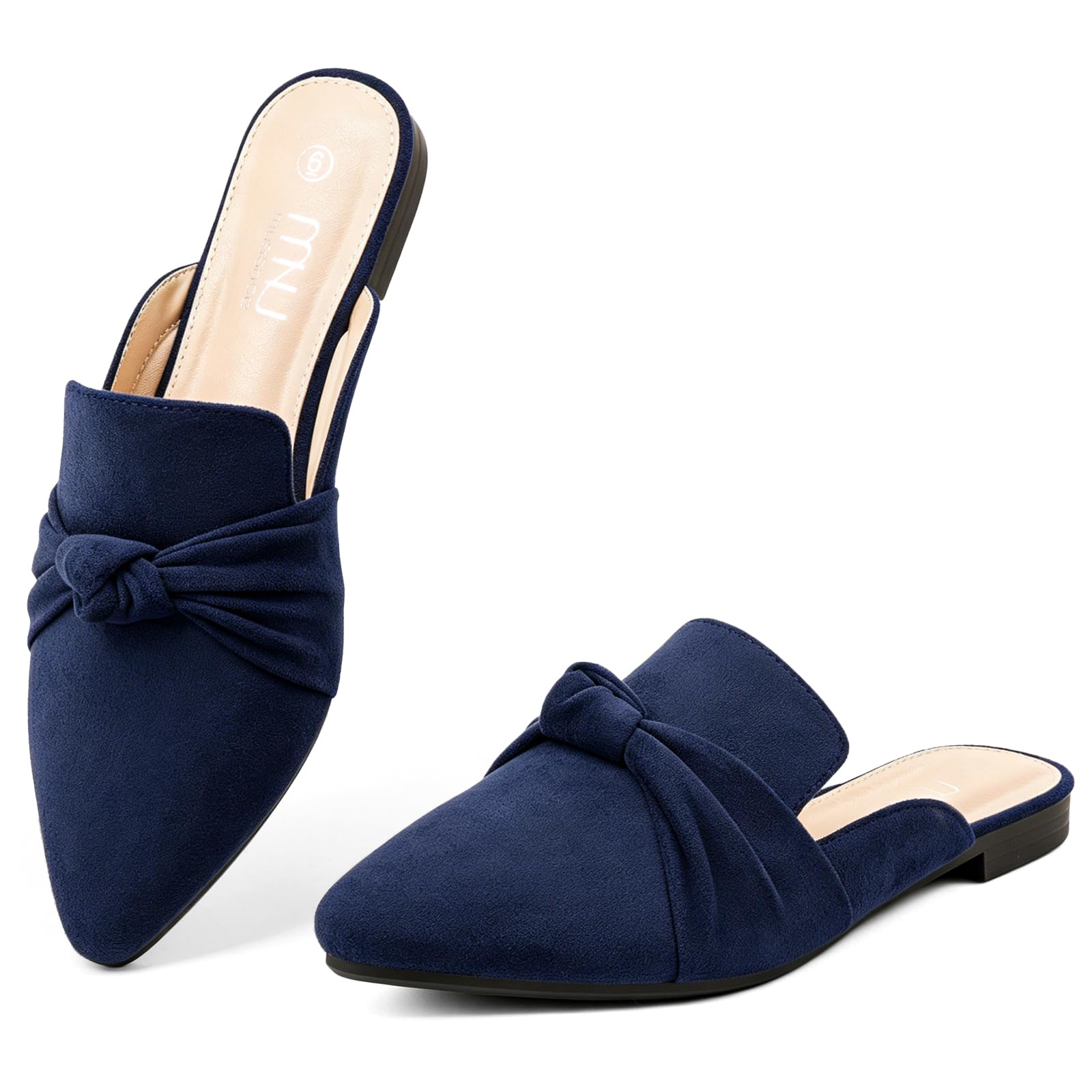 MUSSHOE Mules for Women with Bow Knot: Pointed Toe Flats - Cloud-Cushion Suede Backless Loafers for Office &amp; Casual Wear - Wide-Fit Friendly Slip On Slides with Memory Foam
