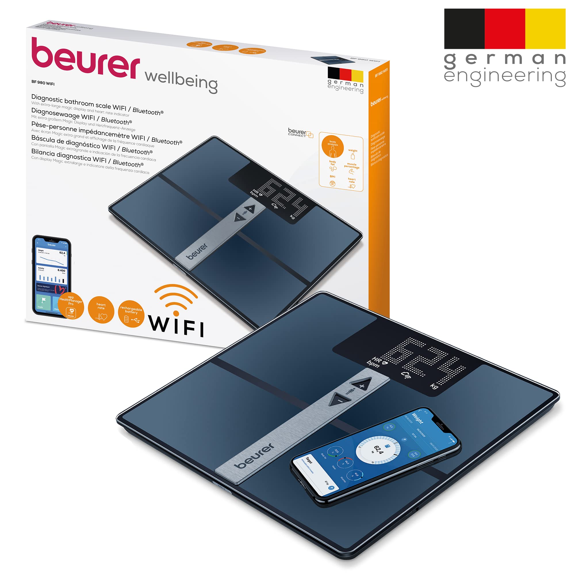 Beurer BF 980 báscula de diagnóstico con WIFI y Bluetooth, registro de análisis y evaluación gráfica de los valores corporales mediante app, medición de la frecuencia cardíaca, batería recargable