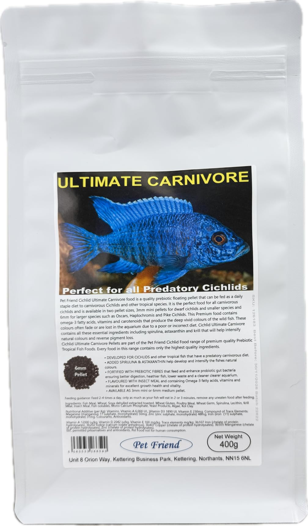 Pet Friend Ultimate Carnivore Cichlid Food 6mm Pellets 400g High Growth 49% Protein With Prebiotics That Feed Probiotic Gut Bacteria For Healthier Fish & Cleaner Clearer Water