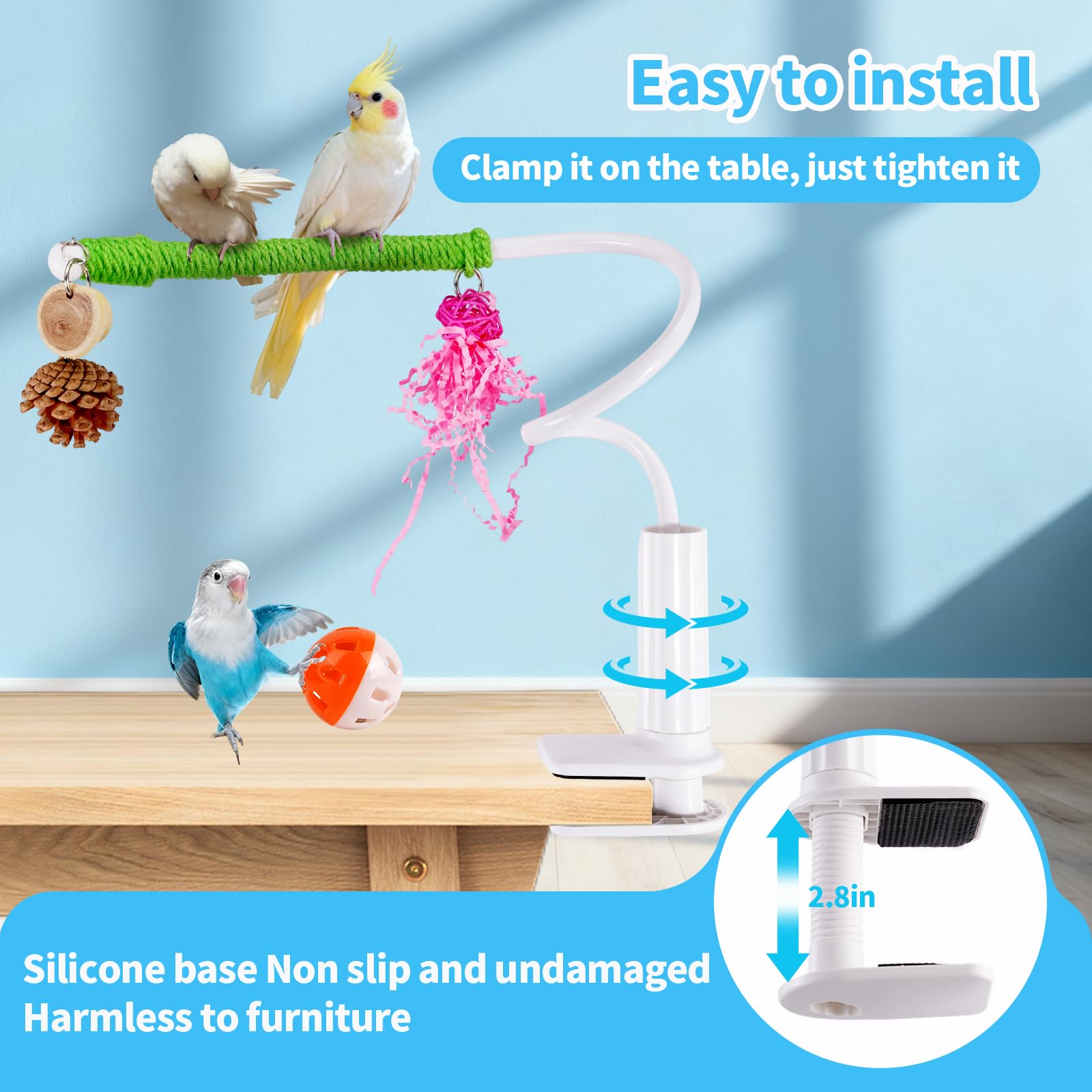 Bird Perch Stand with Swing, Desktop Bird Toy & Stand for Interacting, Interactive Playground for Sun Conure, Lovebirds, Conure, Budgie, Cockatiel - Non-Slip Adjustable Perch - image 5