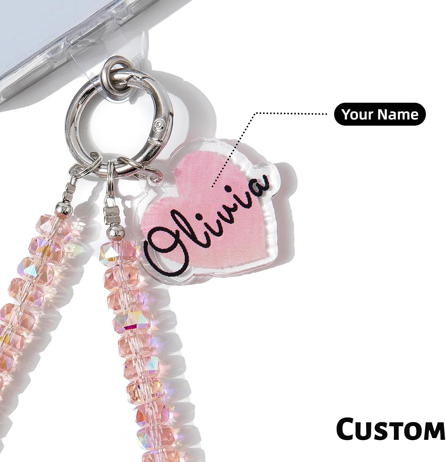 Personalized Custom Phone Charm Wrist Strap Pink Crystal Beaded Heart Name Tag Couple Gift for Her
