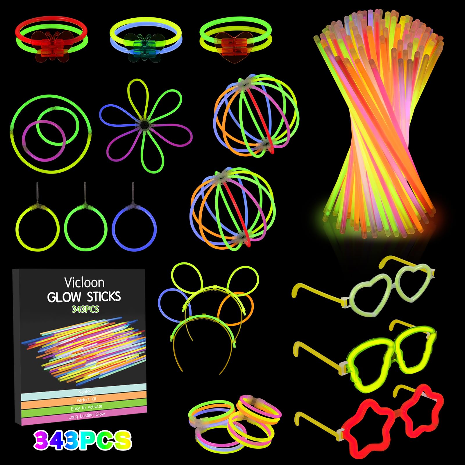 Vicloon Barras Luminosas, 343pcs Pulseras Luminosas con Conectores, Pulseras Luminosas, Pulseras Luminosas Fluorescentes, Kits para Crear Pulseras y Collares, Carnaval Festividad Fiestas Disfraces
