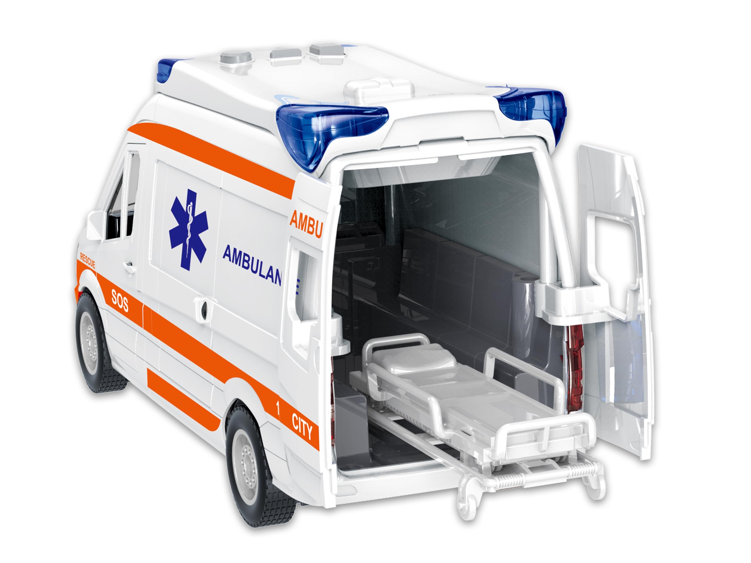Teorema – Ambulancia Play City Escala 1:12, Juguete de Primeros Auxilios para niños, vehículo de Emergencia con Luces, Sonidos y Camilla Ajustable