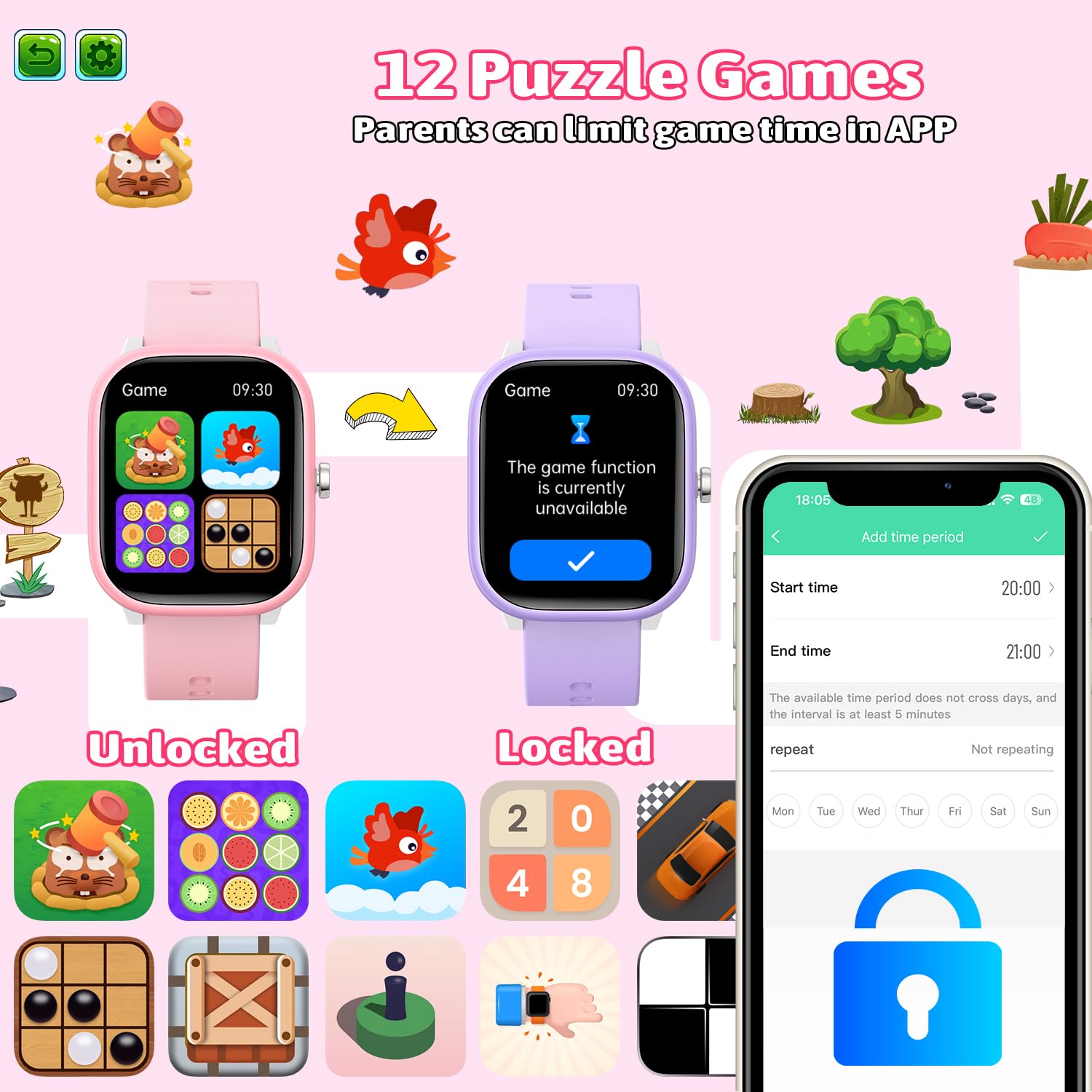 Fikami Montre Intelligente pour Enfants Filles garçons Pas d'APP Pas de téléphone nécessaire, 1,83" Fitness Tracker Sport Montre, fréquence Cardiaque,Compteur de Pas,16 jeuxpour Filles garçons 6-16
