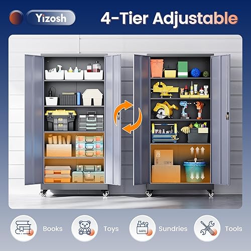 Miniatura 21 de Yizosh Armario de almacenamiento de metal para garaje con 2 puertas y 5 estantes ajustables, gabinete de archivo de acero con cerradura de 71 Negro