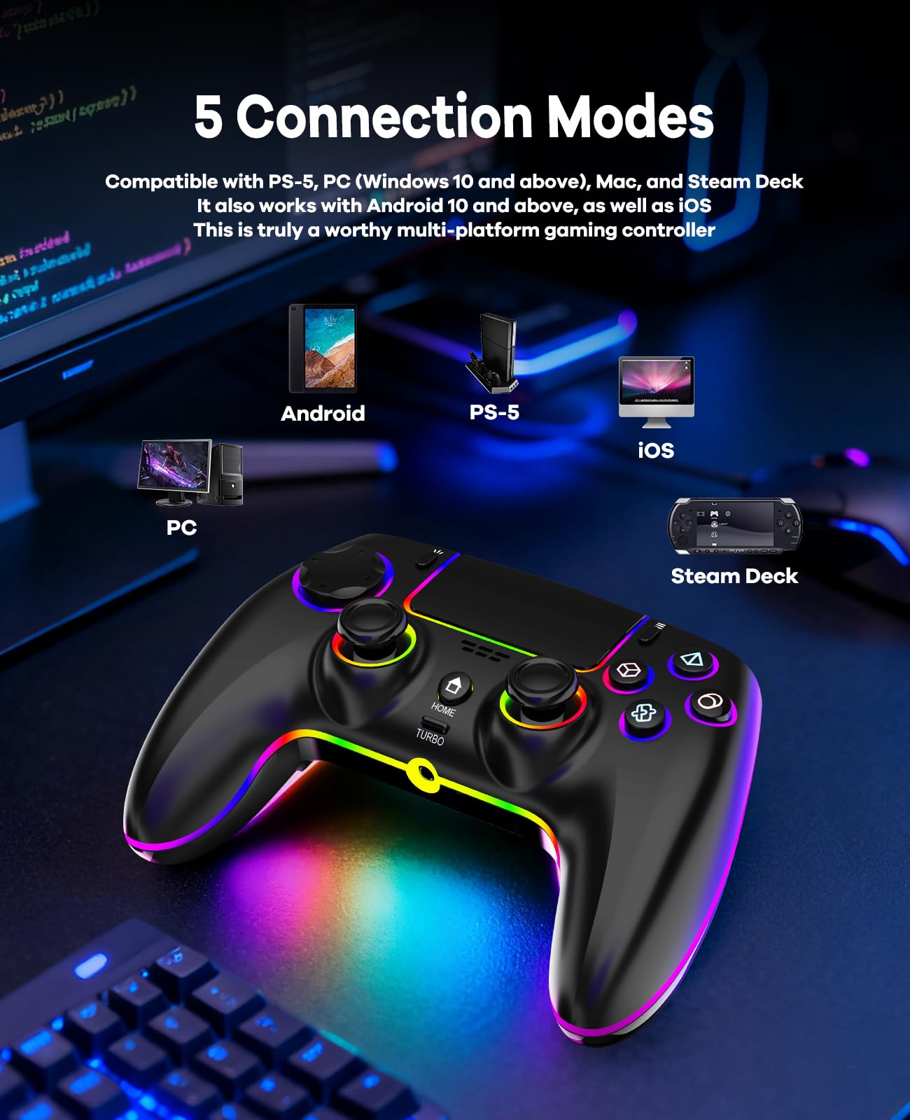 QIVORO Wireless Controller for PS-5/Pro/PC/Steam Deck/Mac/iOS/Android, Gamepad with Hall Effect Joystick, Dual Vibration, Turbo, Programmable Buttons (7 RGB Lighting, Touchpad, 1500mAh Battery) — view 8