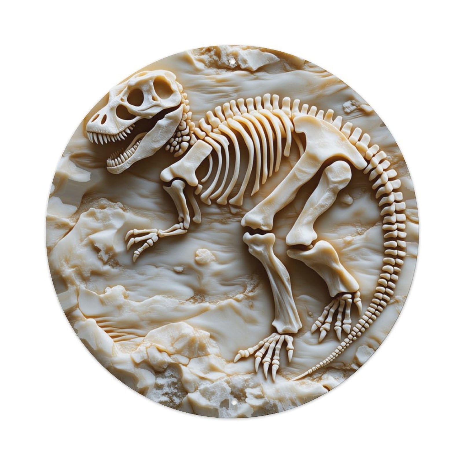 Dinosaur Skeleton Fossil Artwork Relief Round Tin Sign Retro Metal Sign for Cafe Bar Pub Home Game Room Gym Club Wall Decoration Vintage Metal Poster 8x8 Inch