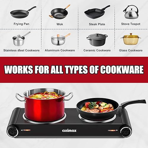 Vista 5 de CUSIMAX Placa de cocción para cocinar, quemador doble infrarrojo de 1800 W, estufa eléctrica portátil con control de temperatura ajustable, placa