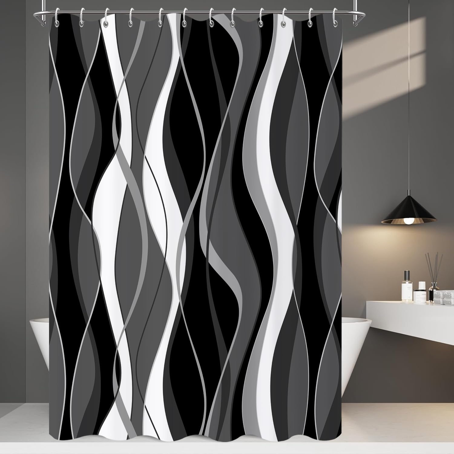GCIREC Shower Curtain, 120x180cm, Modern Abstract Art Black Grey White Ombre Striped Minimalist Waterproof Fabric Machine Washable Bathroom Curtain with Hooks