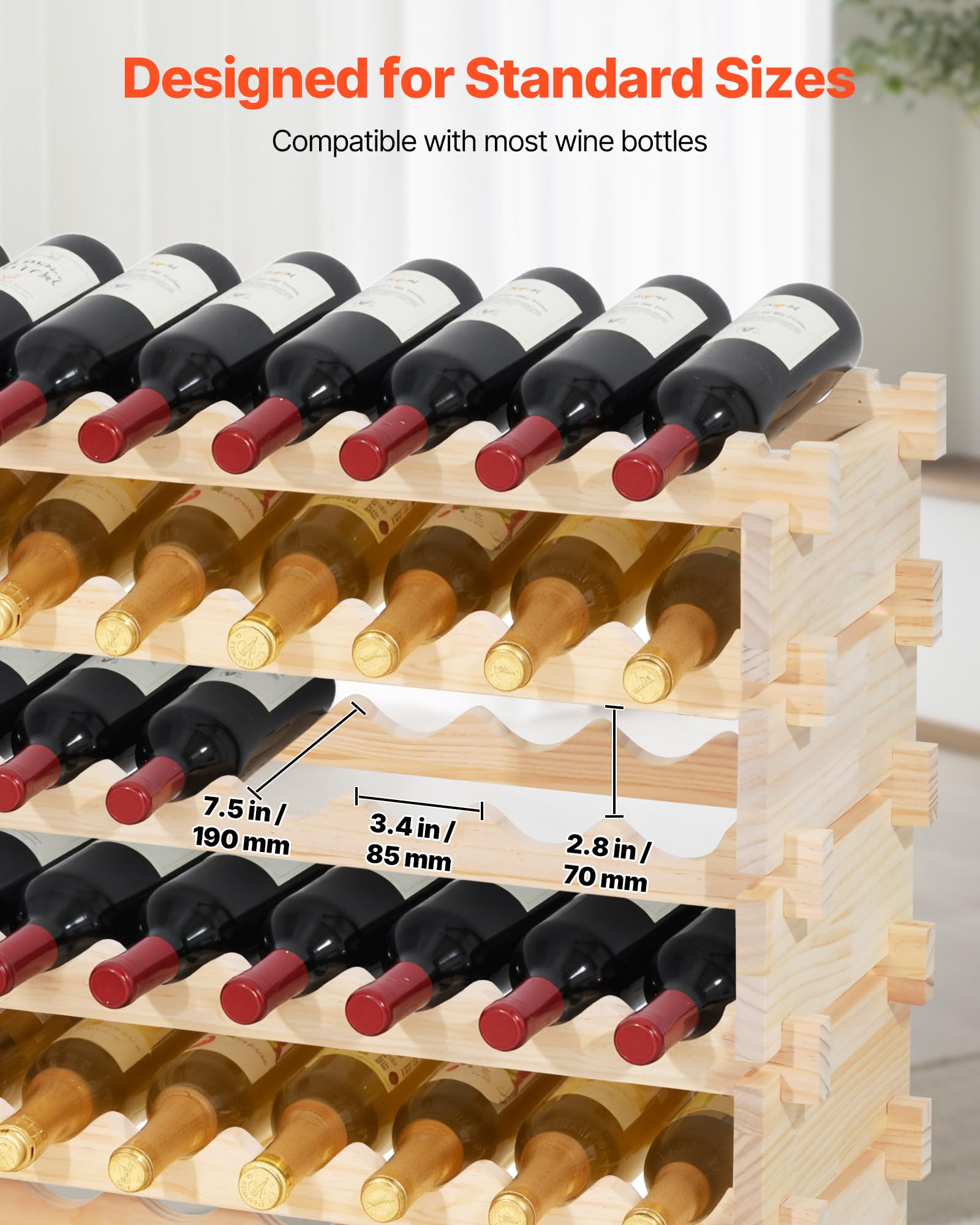 VEVOR Cantinetta Vino in Legno di Pino per 96 Bottiglie 8 Ripiani, Portabottiglie Indipendente con Capacità di Carico Totale di 112 kg, Portabottiglie per Cucina, Cantina, Bar, Sala da Pranzo