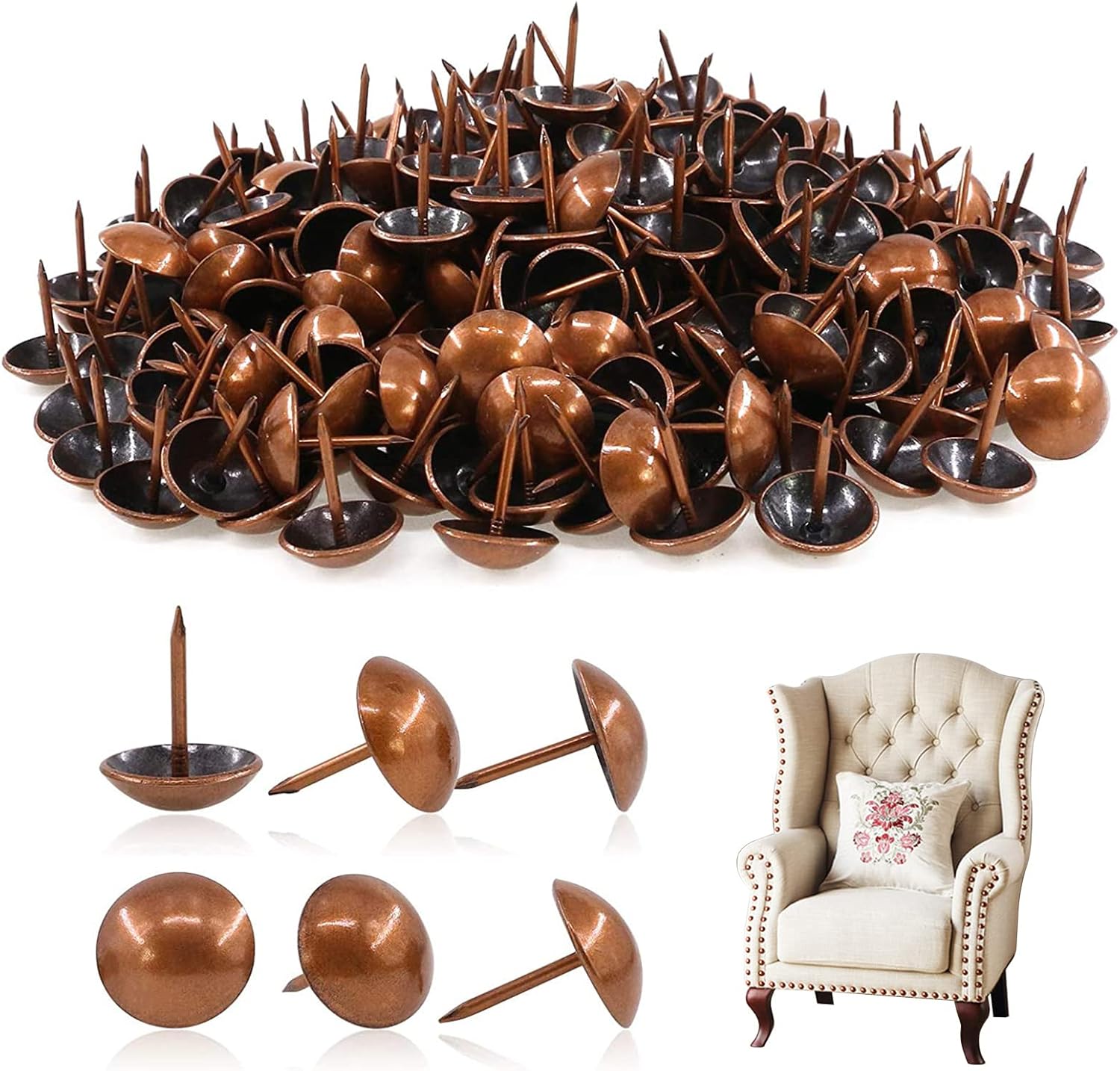 60Pcs 1-3/16'' [30×30mm] Antique Upholstery Decorative Tacks Furniture Sofa Thumb Tacks Nails Pins Assortment Kit for Upholstered Furniture Cork Board - Red Copper