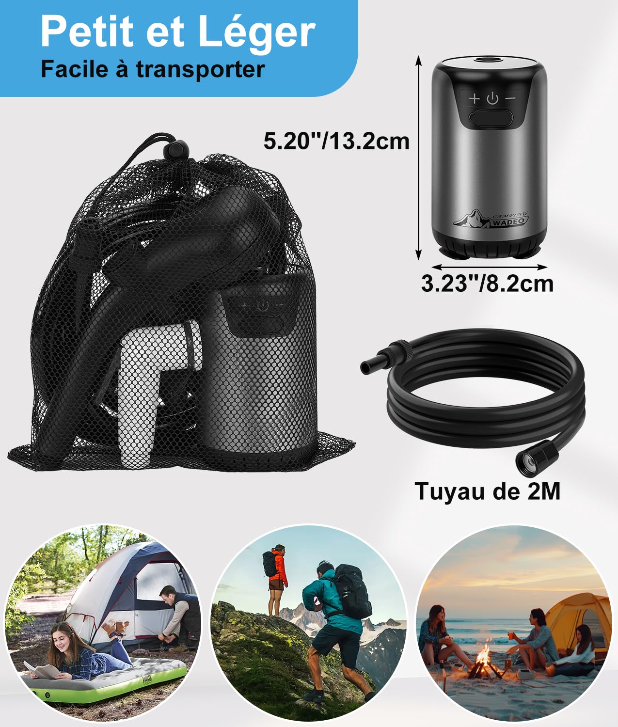 WADEO Douche de Camping Portable, Affichage Numérique Intelligent, 10 Vitesses de Commutation, Rechargeable 8000mAh, IPX7 étanche pour Camp, Randonnée, Voiture, Bain des Animaux
