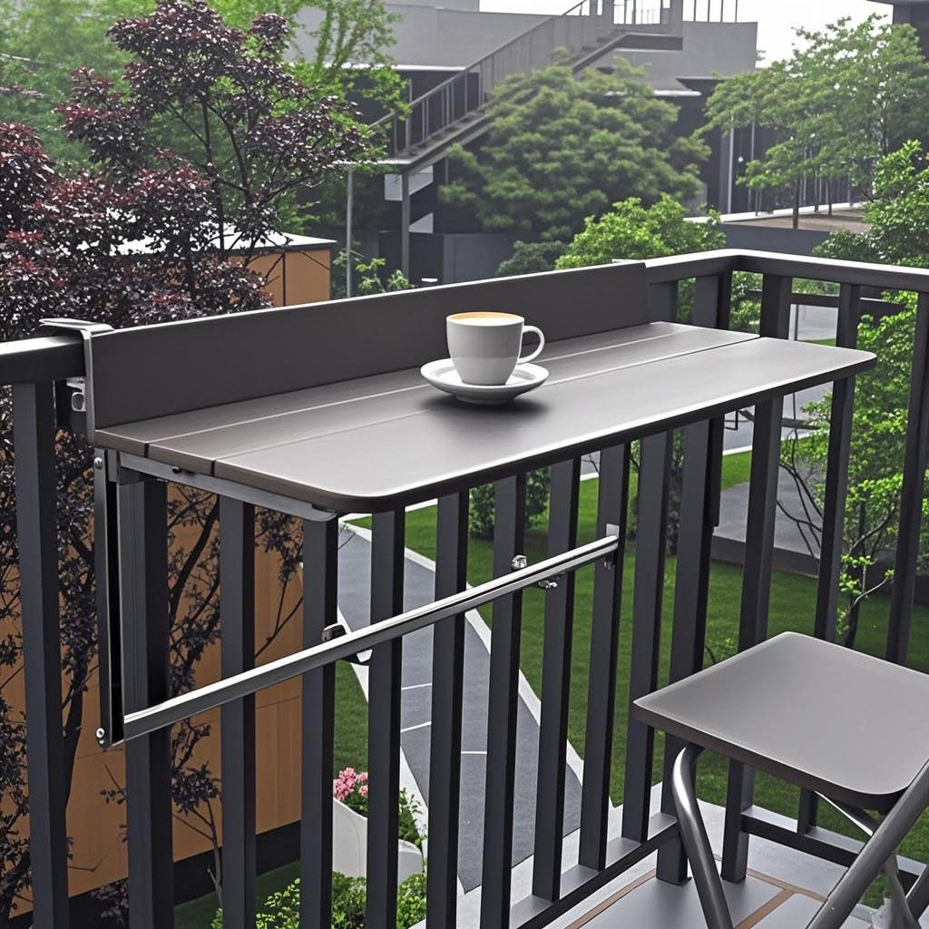 Tavolo pieghevole regolabile in altezza per ringhiere per esterni, design salvaspazio per patio e balcone