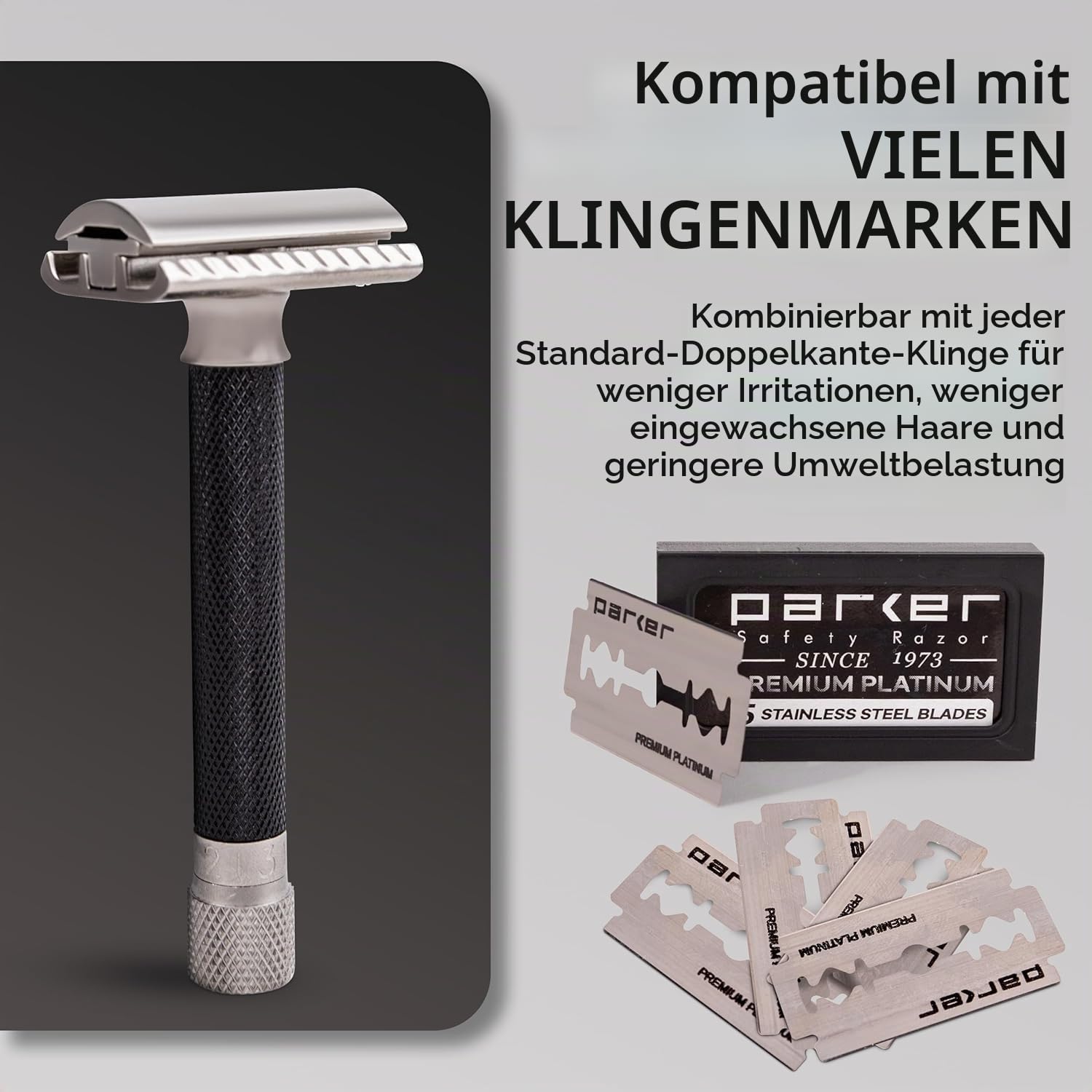 Parker Safety Razor Variant Einstellbare zweiseitige Sicherheits-Rasierer und 5 Premium Blades - (Metallic) Graphit