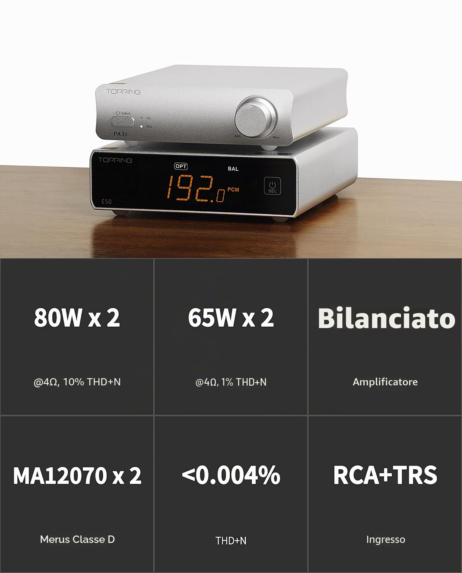 Topping PA3s Amplificatore completamente bilanciato MA12070 x 2 RCA TRS Class D Amp 80W x 2 Amplificatore di potenza per DX3Pro+