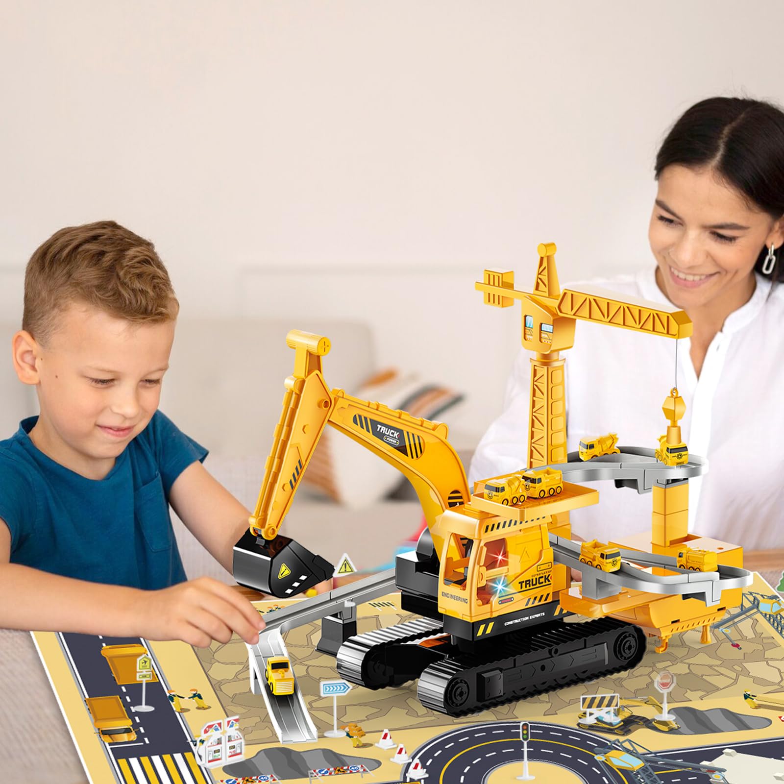 Aragallant Camión Excavadora Juguete, 2 en 1 Juego de Juguetes Camión de Construcción, Juguete de Grúa Excavadora con Luces, Música, 8 Minivehículos y Pista, Regalo de Cumpleaños para Niños