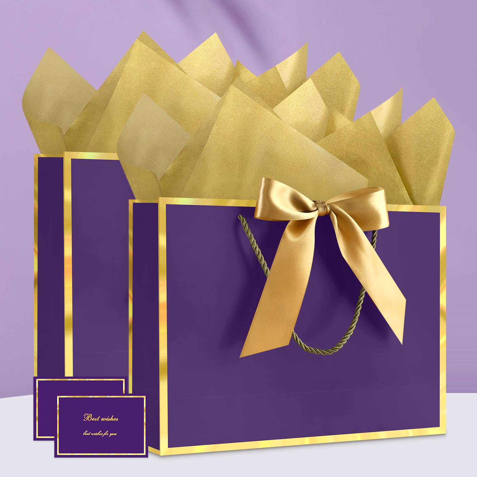 YoungTree Medium Purple Gift Bag with Handles – 28x20x10 cm, Includes 2 Greeting Cards & 4 Tissue Papers, Portable Paper Gift Wrap for Wedding, Birthday, Mother's Day, 2-Pack