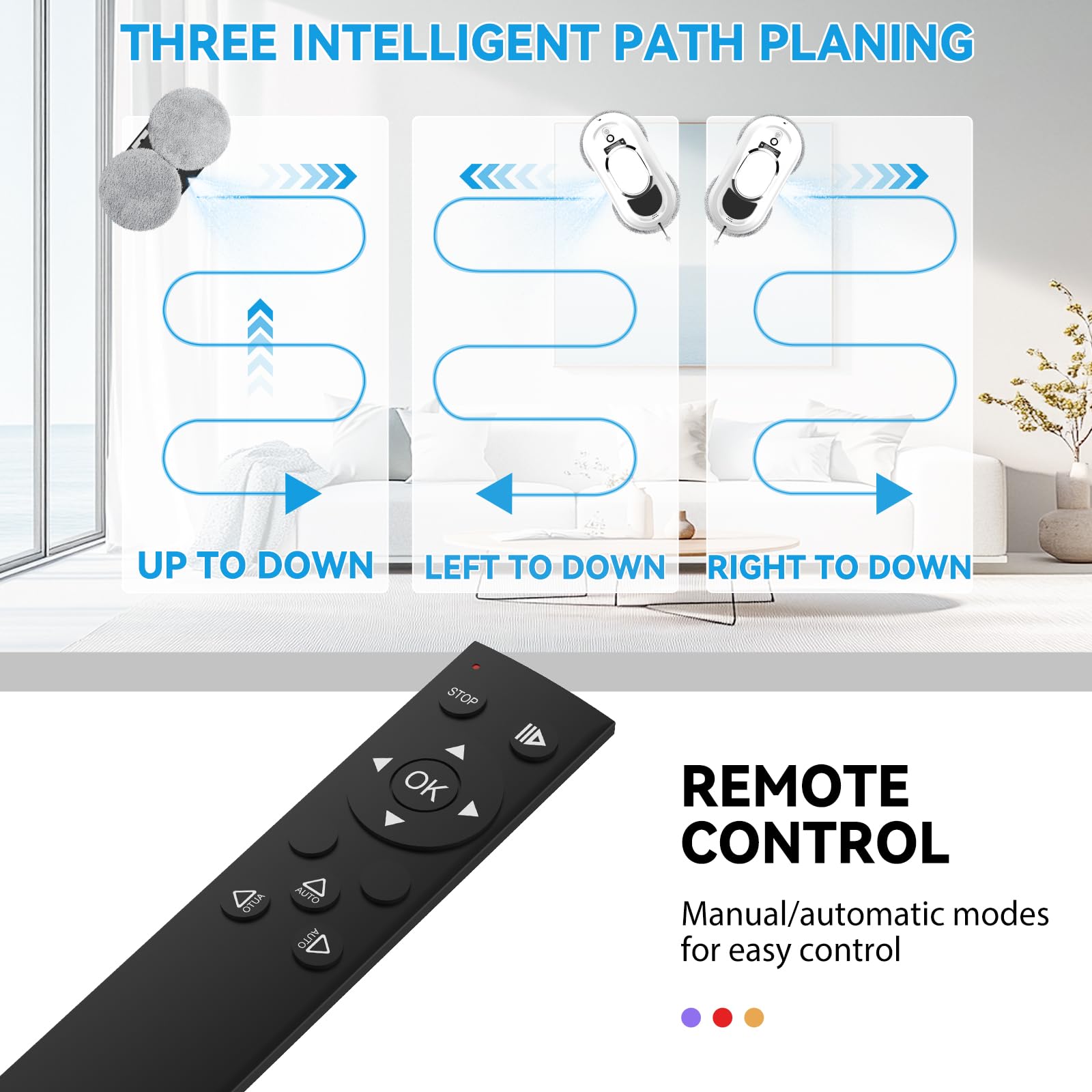 Robot Laveur de Vitre, Robot Nettoyeur Vitre 5600 Pa avec Navigation Intelligente, Télécommande, Système Antichute, Chiffons en Microfibre pour Toutes Les Surfaces Lisses (1)