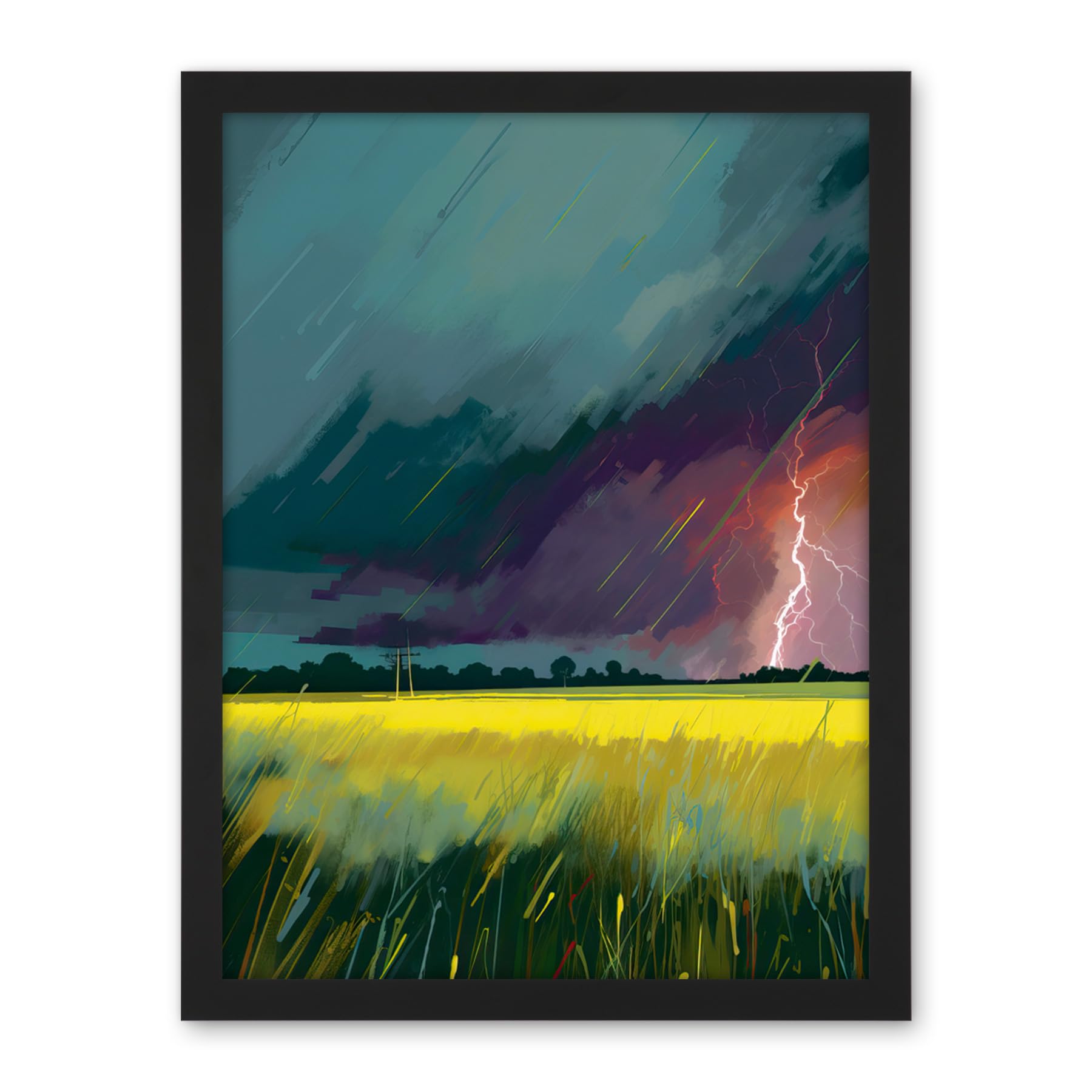 Artery8 Lightning Strike Over an Open Countryside Field Artwork Framed Wall Art Print 18X24 Inch