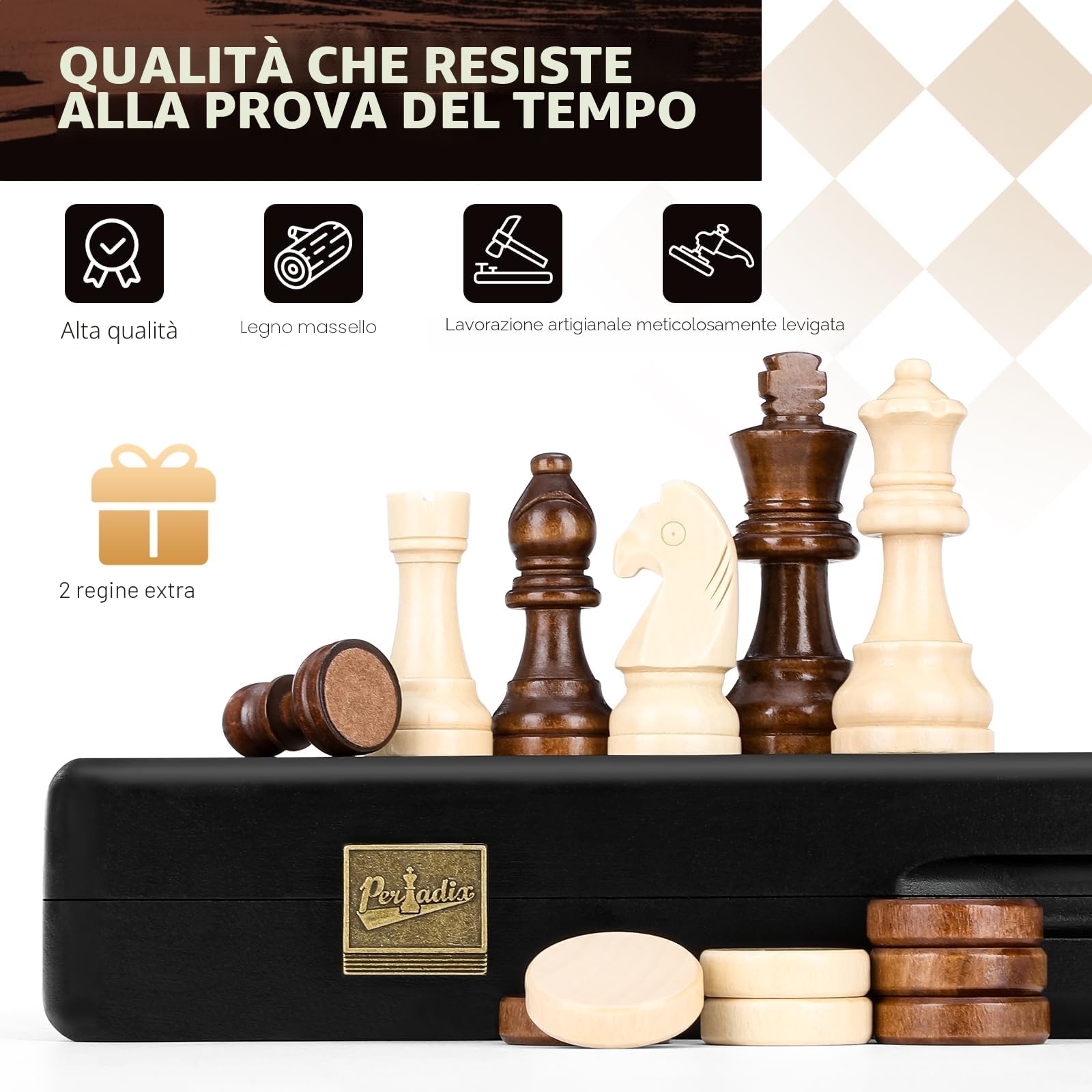 Peradix Set di Scacchi in Legno 38cm, 2-in-1Scacchiera e Dama con Pezzi Magnetici Extra Grandi, Realizzati in Legno Massiccio Pregevole - Perfetto Regalo per Tutte le Età e Occasioni