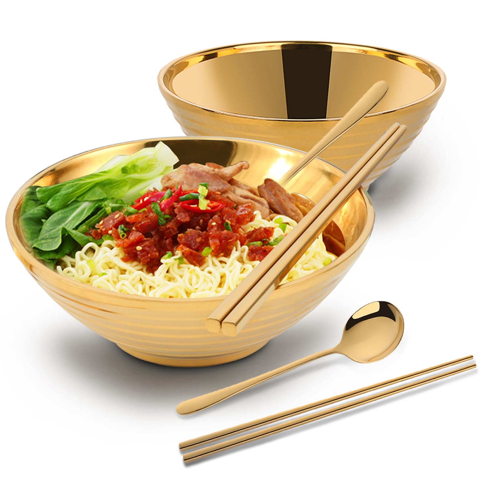 YDware Lot de 6 bols à ramen en acier inoxydable 304, de qualité supérieure, antidérapants, avec cuillère et bâtonnets à chops, bol à céréales multifonction pour fruits, salade, noodle - Doré