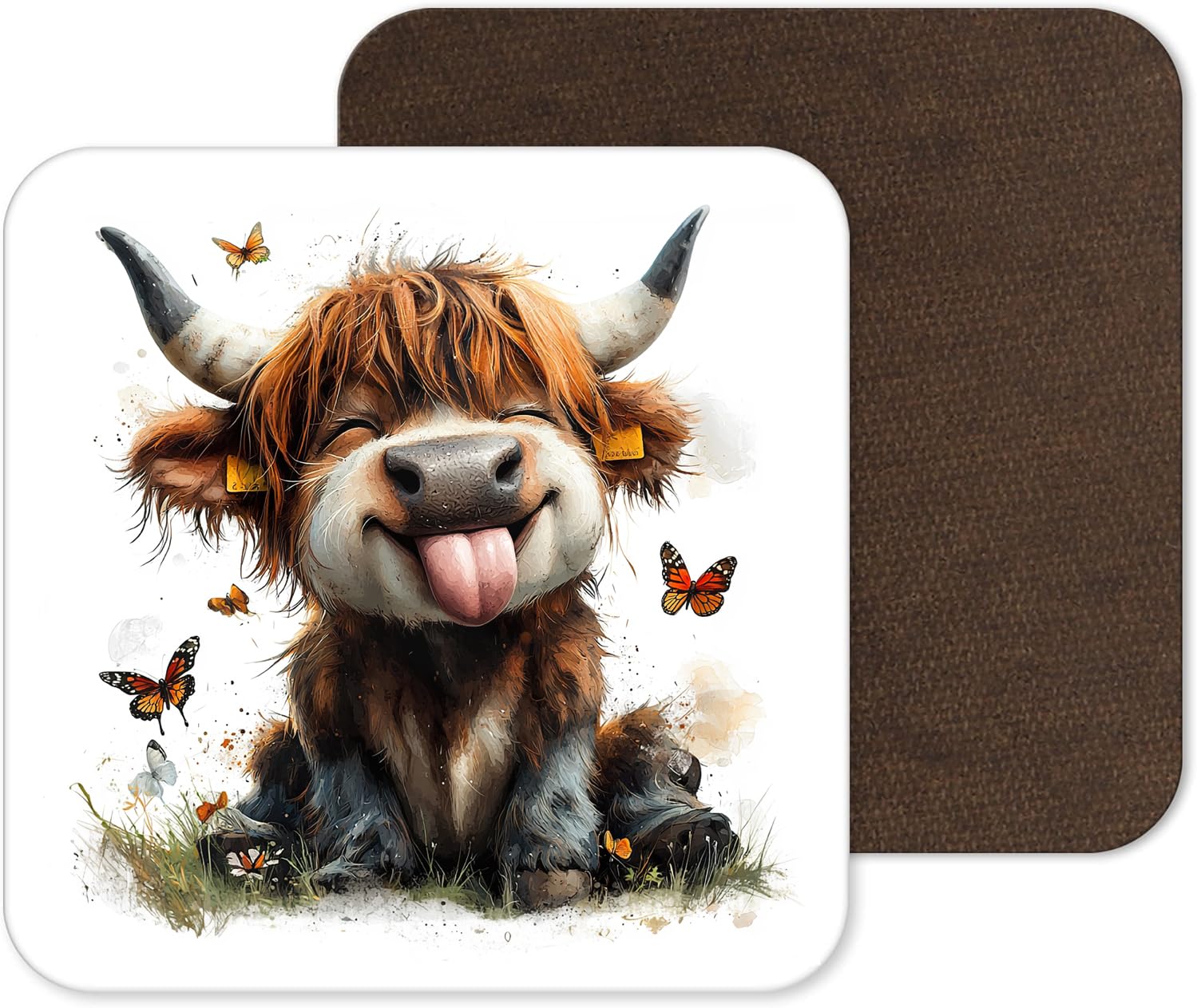 Funny and Cute Highland Cow Coasters - 25 Designs - Funny Retro Square Wooden Coaster (Design 25)